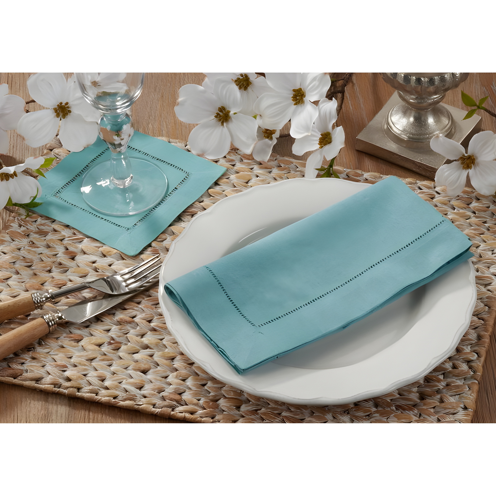 Hemstitched Dinner Napkins Sea Green (Set of 4): Saro Lifestyle, Machine Washable, Linen Blend