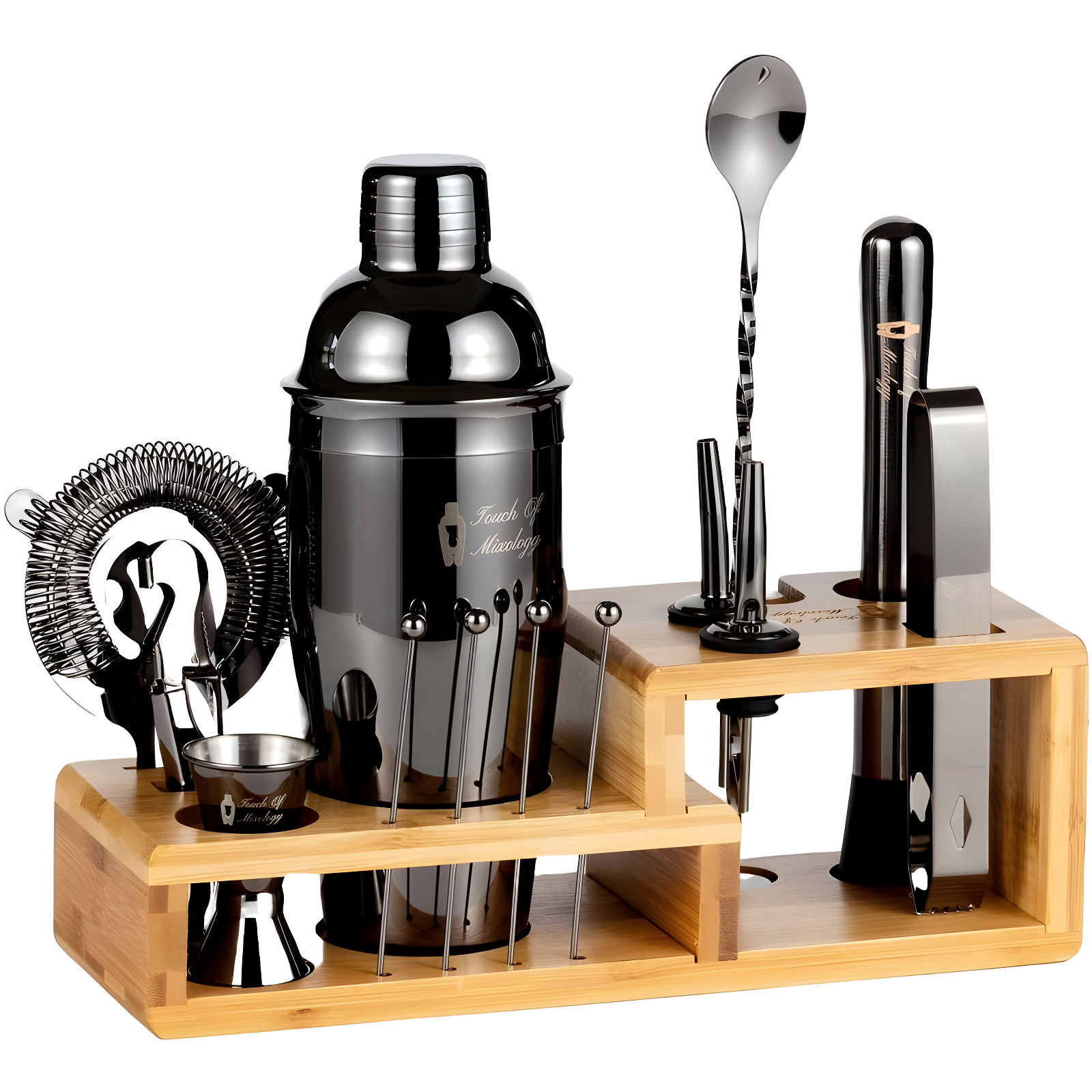 Touch of Mixology Premium 14 Piece Stainless Steel Bartender Kit with Bamboo Stand (Dark Metallic)