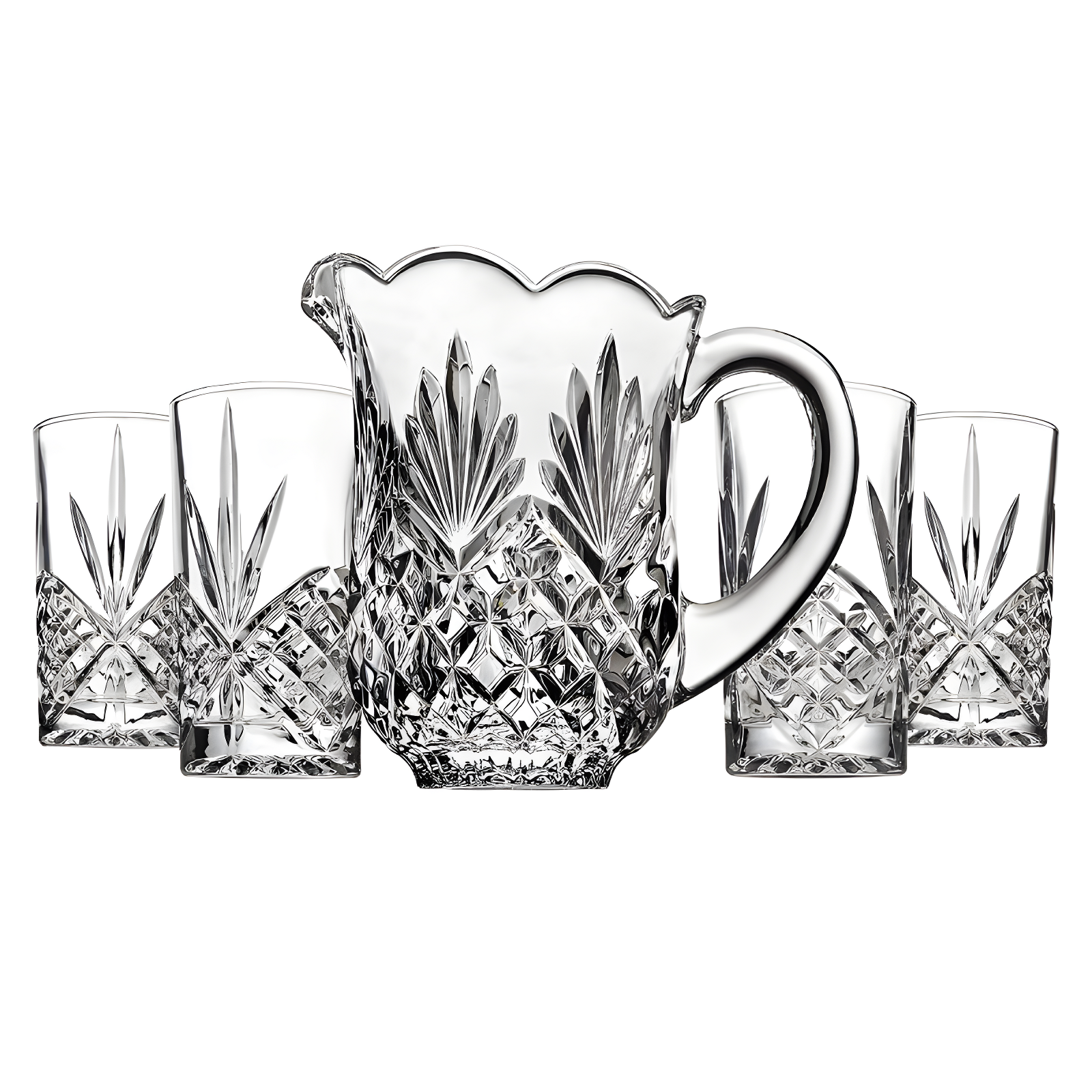 Godinger Silver 5pc Dublin Crystal Pitcher and Highball Set: Hand Wash, Clear Crystal, Service for 4, Hot/Cold Beverages