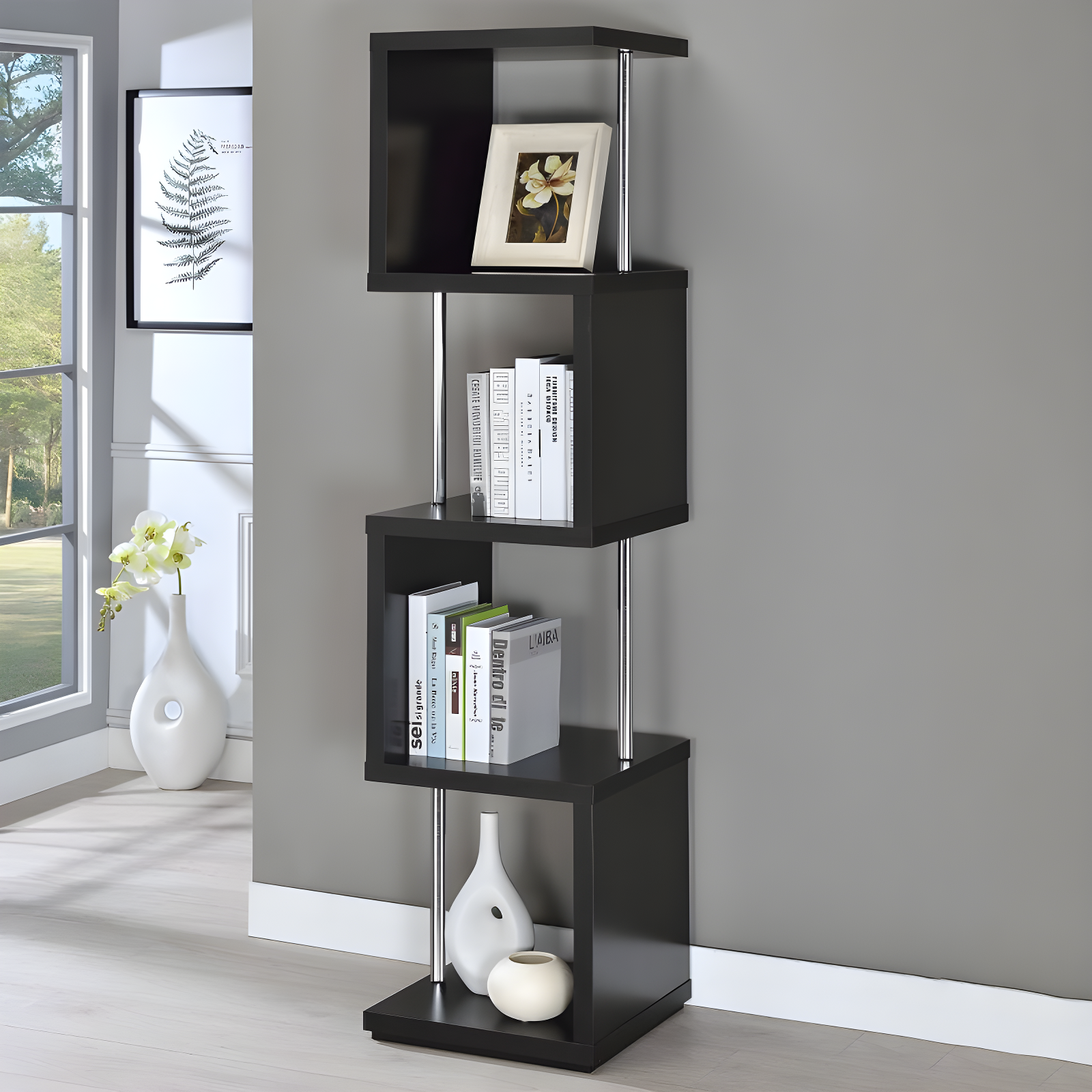 66.5" Baxter 4 Shelf Zig Zag Bookcase with Chrome Details Black - Coaster: Modern Storage Display