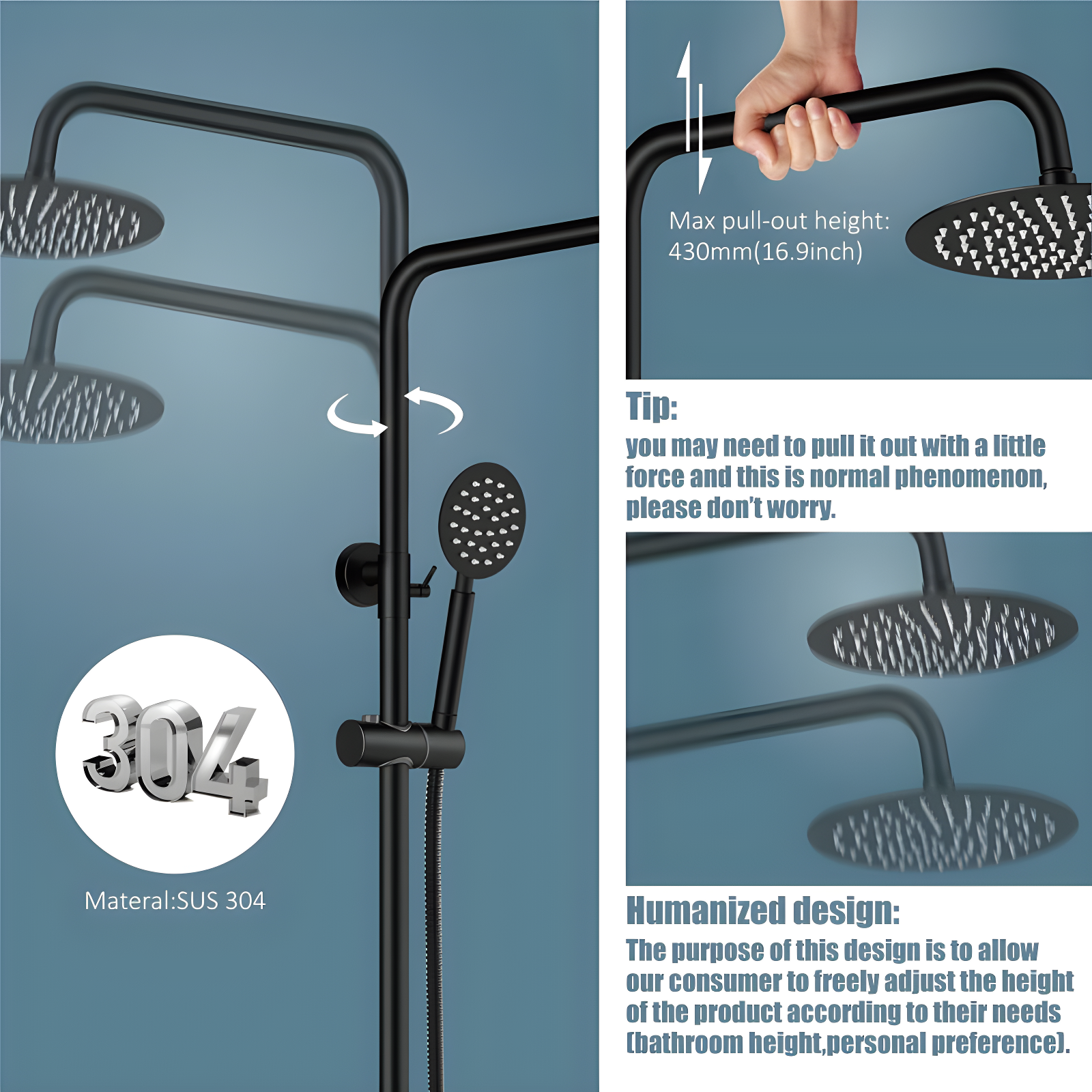 Outdoor Shower Fixture SUS304 Shower Faucet Combo Set Stainless Steel 8 Rainfall Shower Head