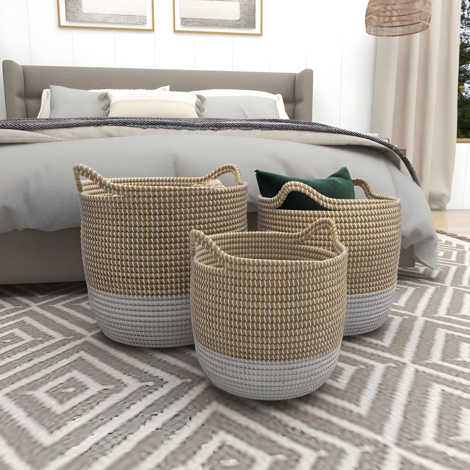 CosmoLiving by Cosmopolitan 13", 16", 18"W Brown Seagrass Handmade Two Toned Storage Basket with Handles, 3-Pieces