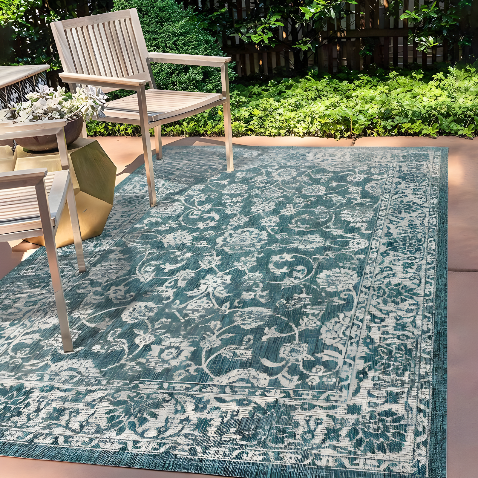 4'x6' Tela Bohemian Textured Weave Floral Indoor/Outdoor Area Rug, Teal/Gray - JONATHAN Y