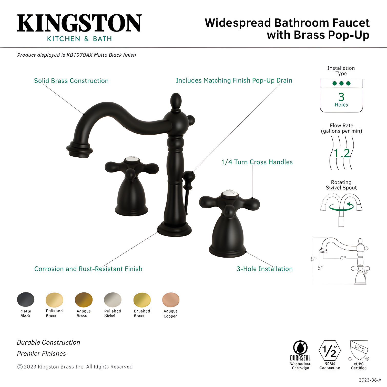 Kingston Brass Heritage Two-Handle 3-Hole Deck Mount Widespread Bathroom Faucet with Pop-Up Drain