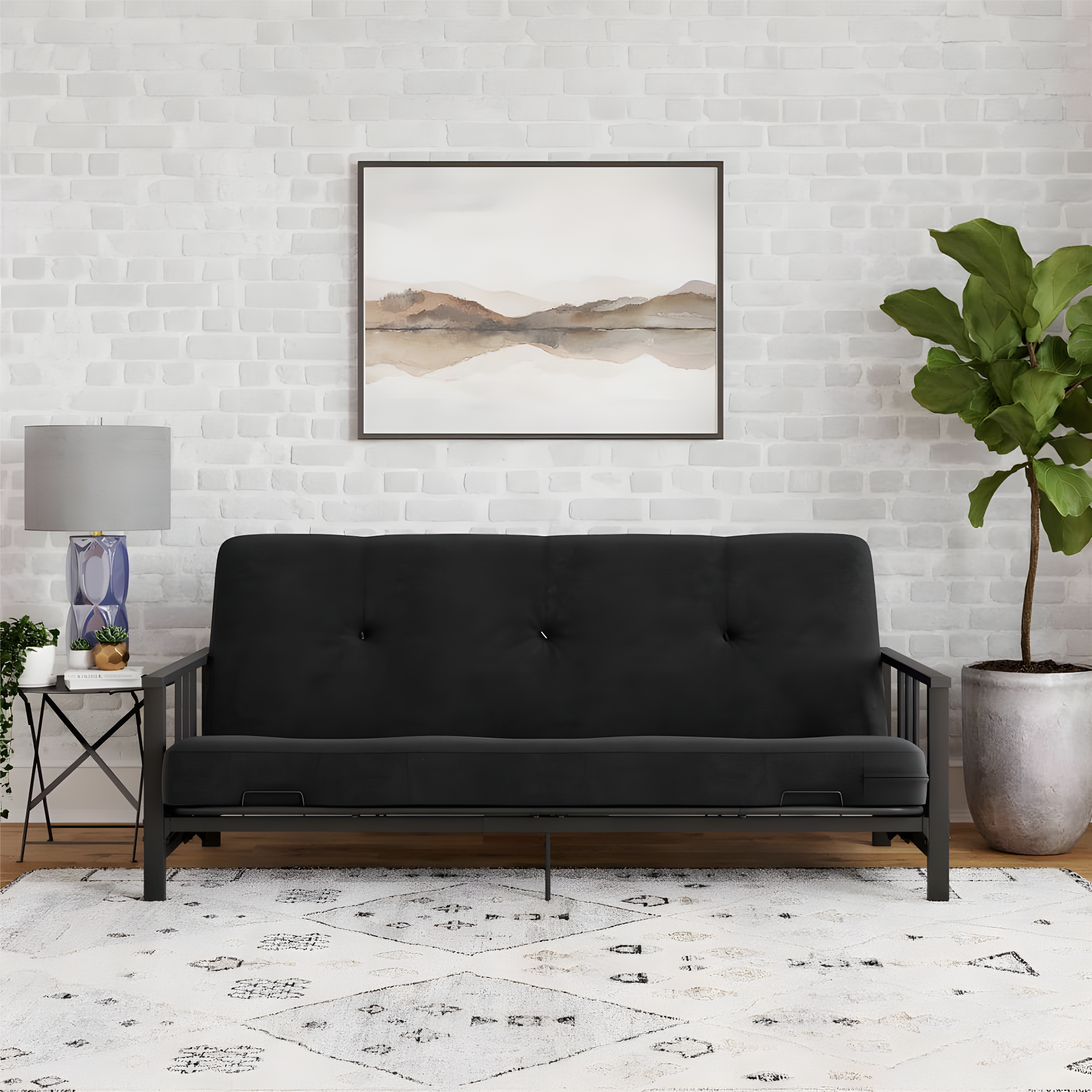 DHP Harlow Full Metal Arm Futon with 6-Inch Thermobonded High Density Polyester Fill Black Microfiber Mattress