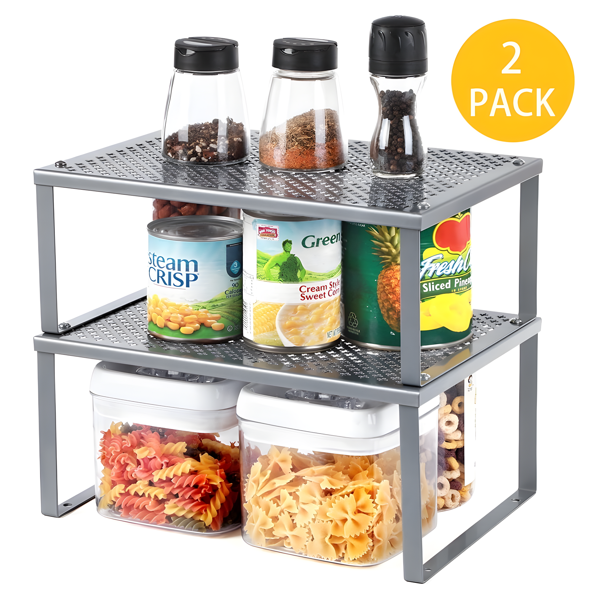 2 Pack Cabinet Organizers Shelf, Kitchen Counter Shelves, Metal Spice Rack, Kitchen Storage, Stackable, Expandable, Silver