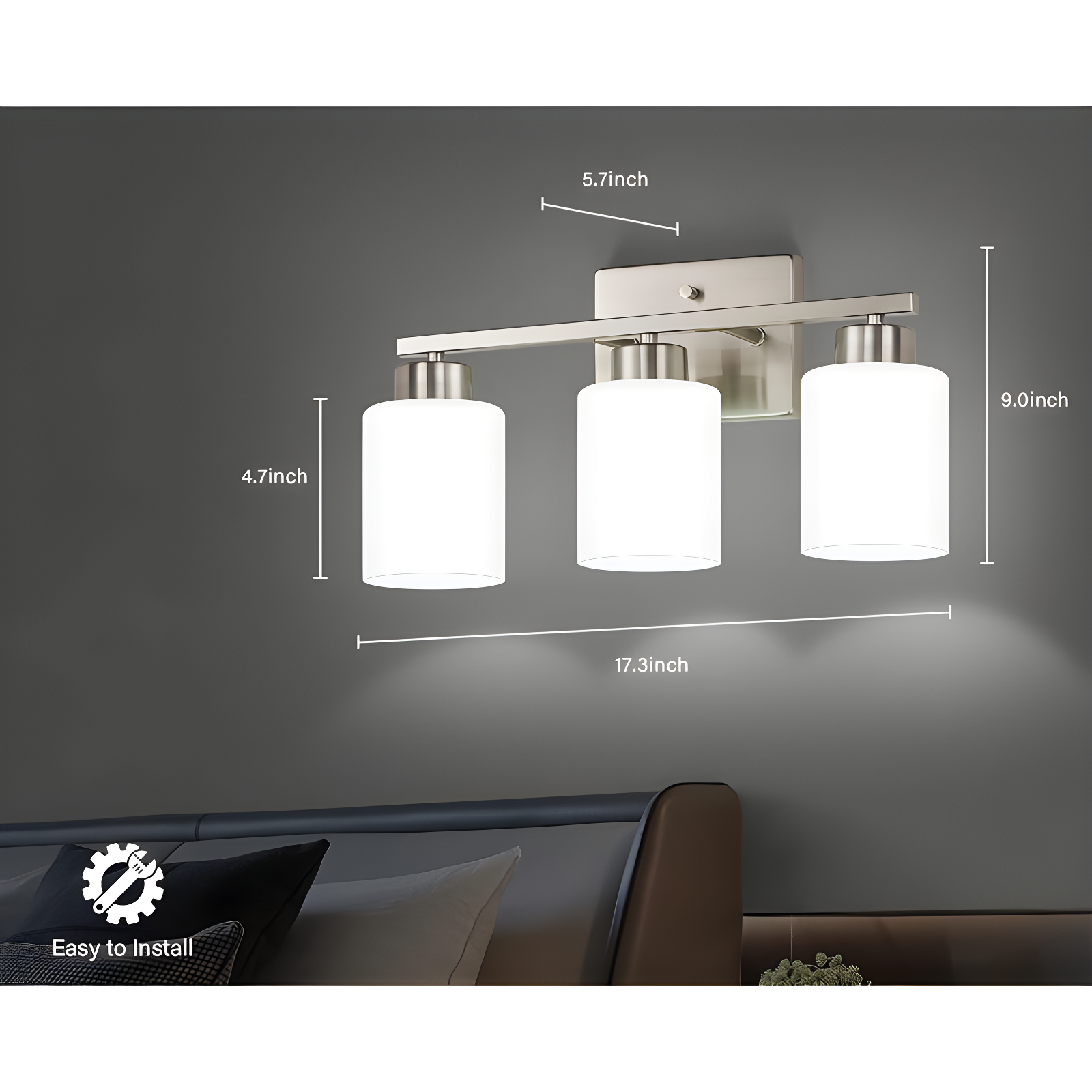 Brushed Nickel Bathroom Light Fixtures, 3-Light Modern Vanity Light Over Mirror