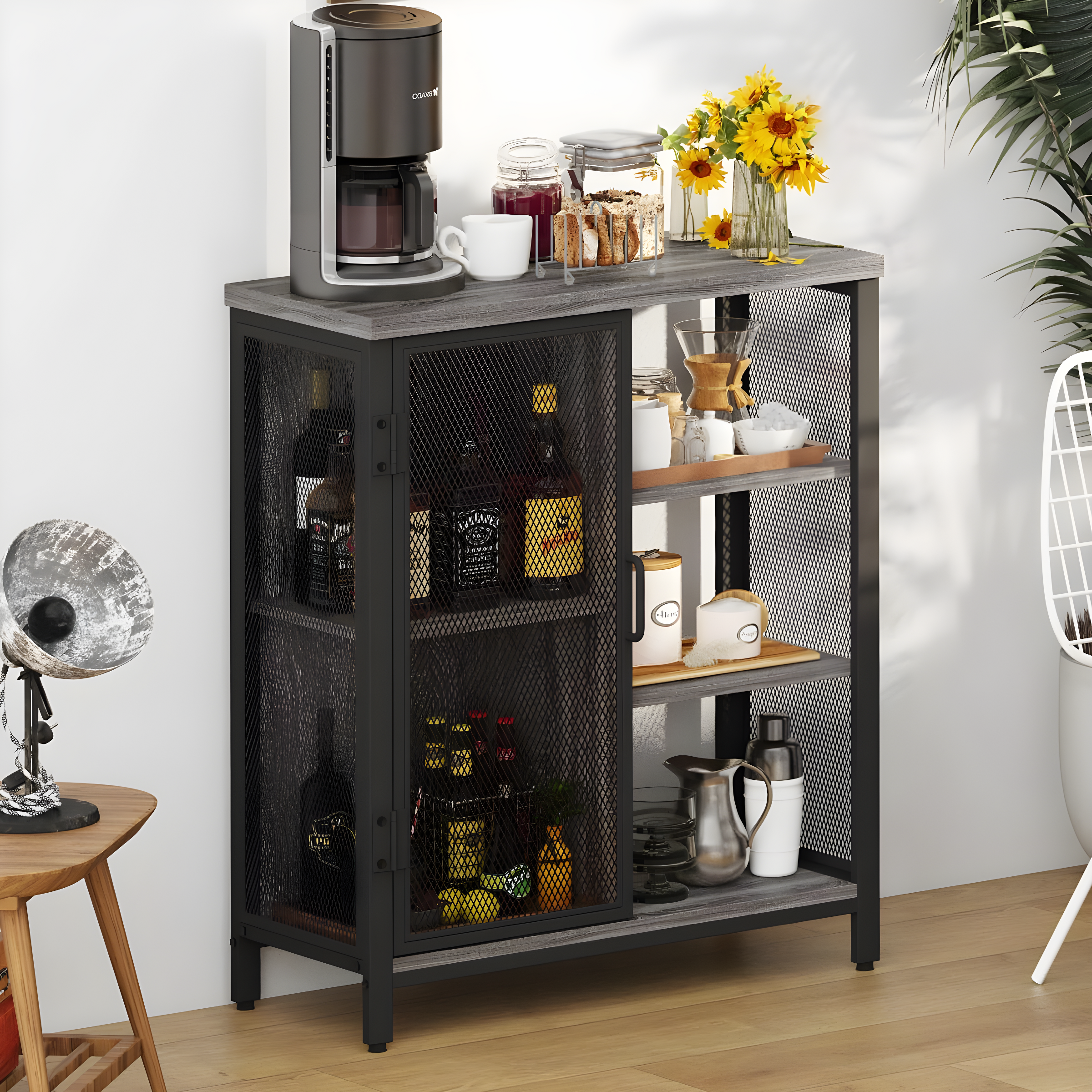 BON AUGURE Liquor Cabinet Bar for Home, Farmhouse Coffee Storage Cabinet for Kitchen, Small Wood Sideboard Buffet Station Cabinets with Door (Dark Grey Oak, 36")