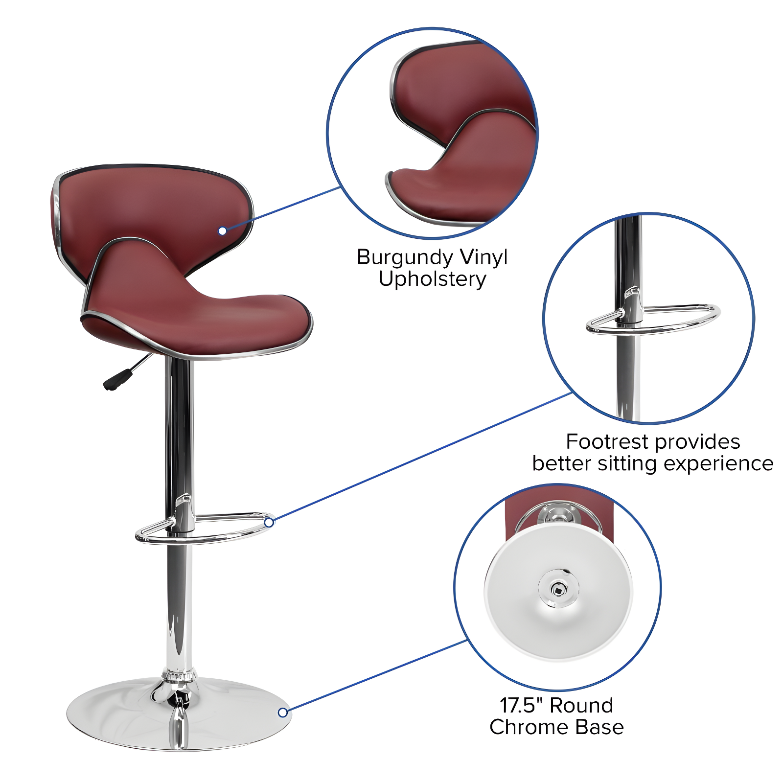 Flash Furniture Contemporary Cozy Mid-Back Burgundy Vinyl Adjustable Height Barstool with Chrome Base