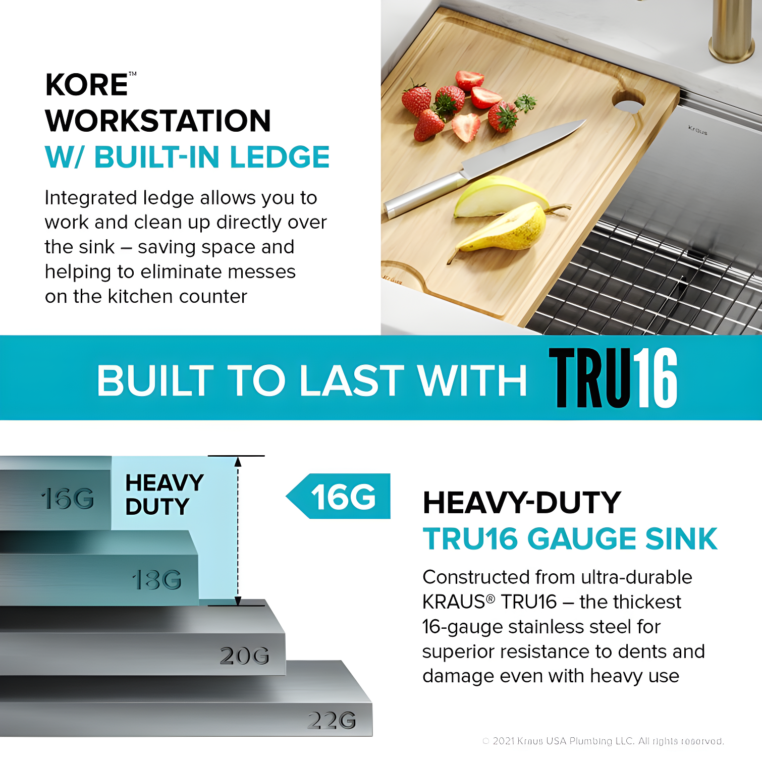 KRAUS Kore™ 28" L Undermount Workstation 16 Gauge Stainless Steel Single Bowl Kitchen Sink with Accessories