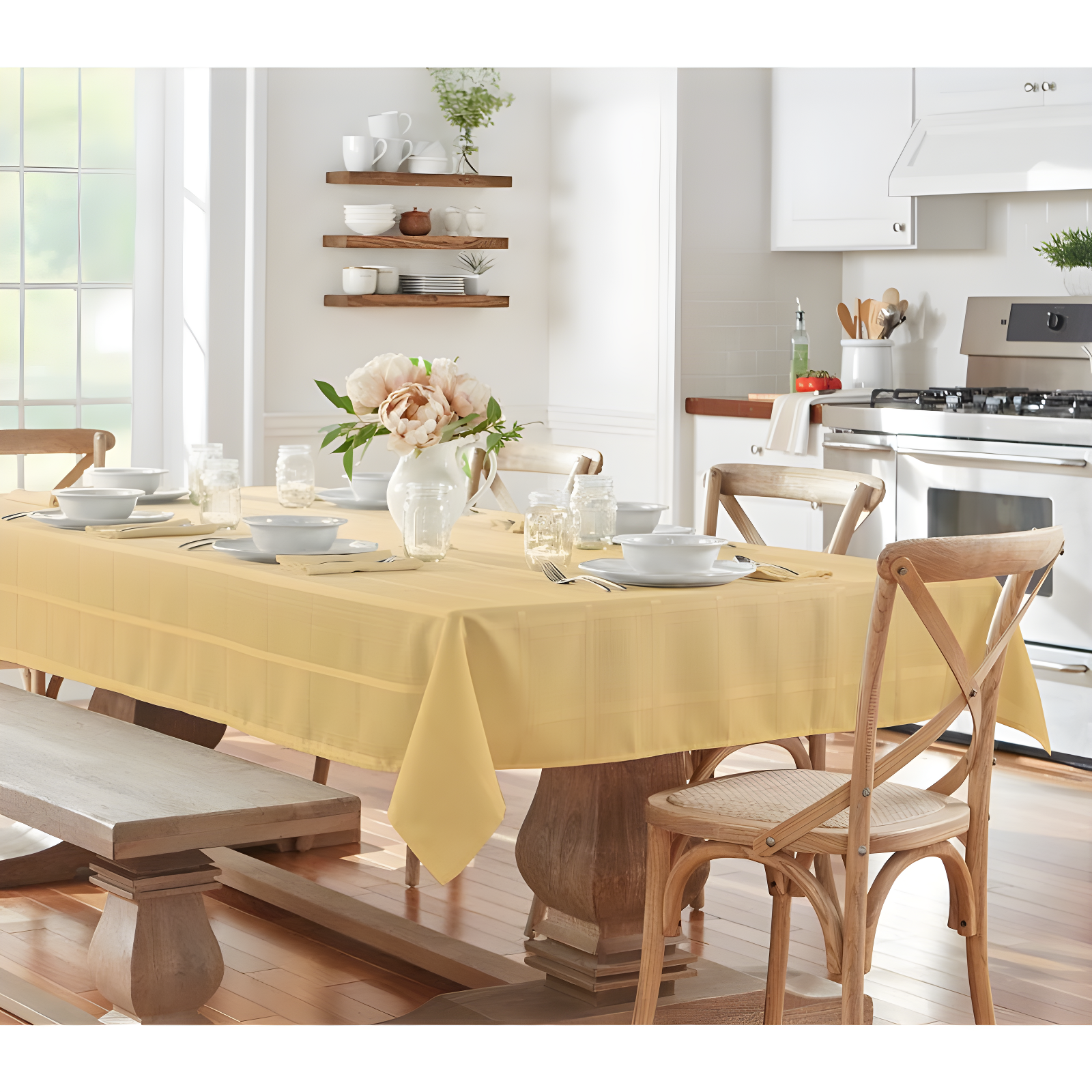 Elegance Plaid Stain & Water Resistant Tablecloth - 60" x 84" Rectangle - Ribbon Gold - Elrene Home Fashions
