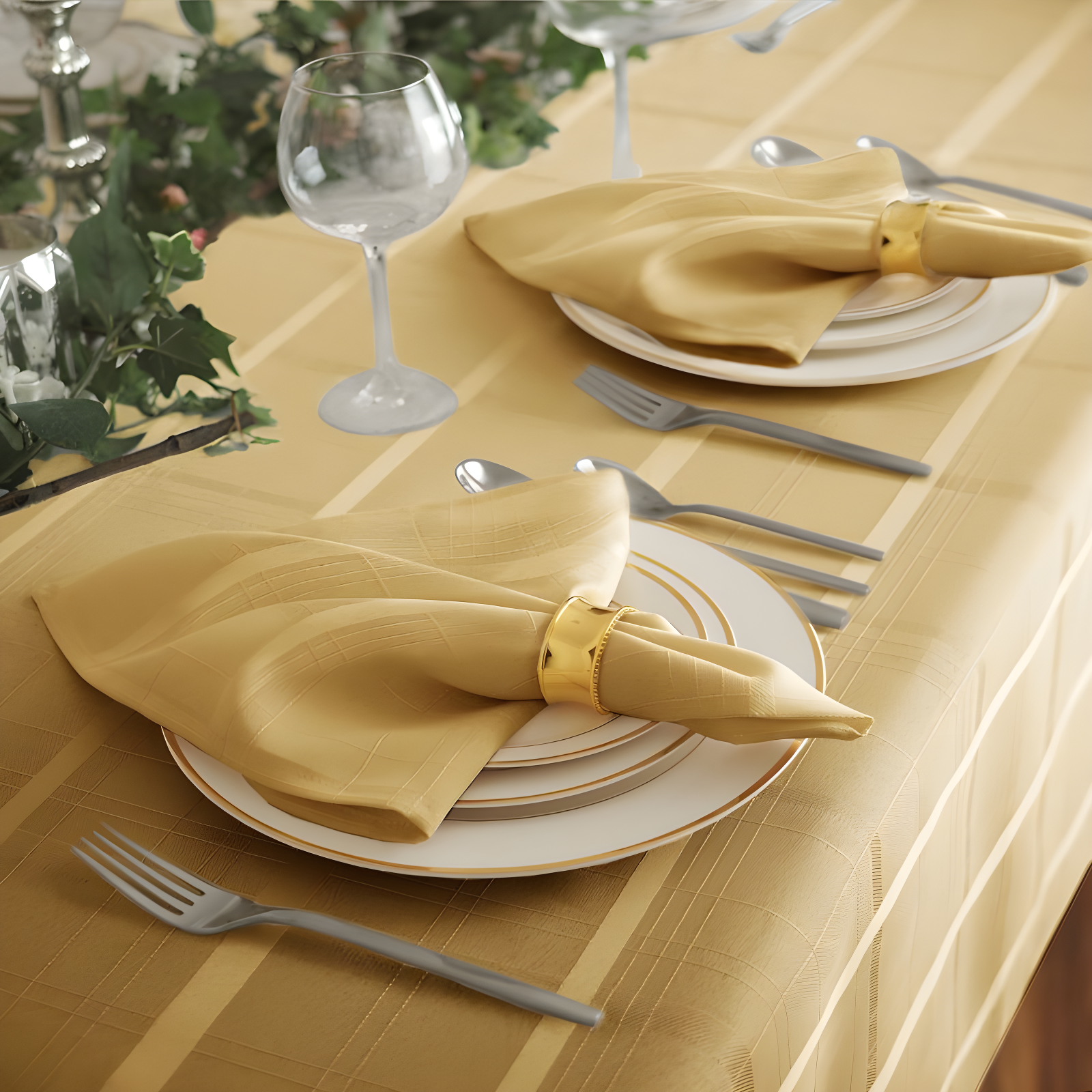 Elegance Plaid Stain & Water Resistant Tablecloth - 60" x 84" Rectangle - Ribbon Gold - Elrene Home Fashions