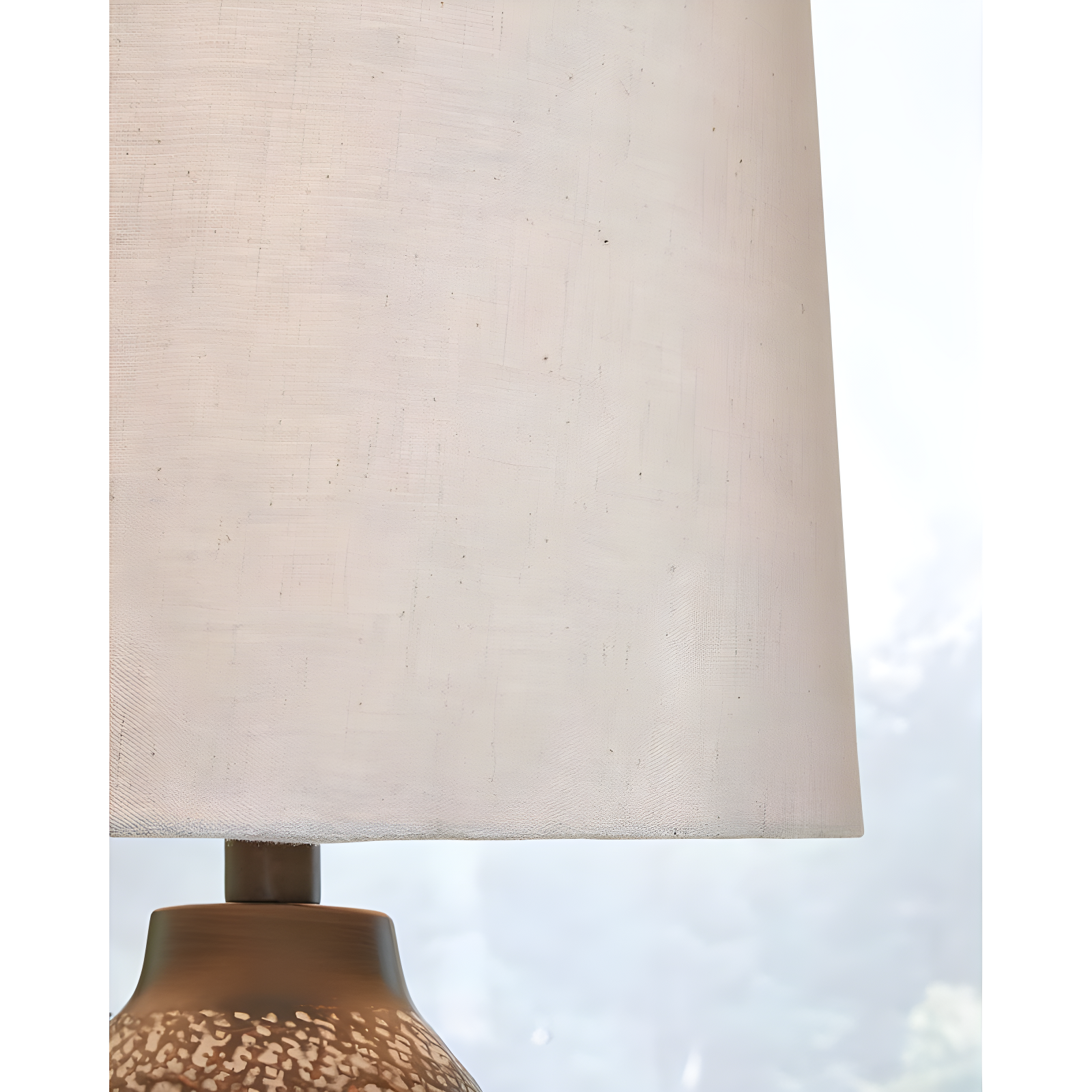 Signature Design by Ashley Lanson Table Lamps: Hammered Metal, Bronze Finish, Beige Shade, Set of 2