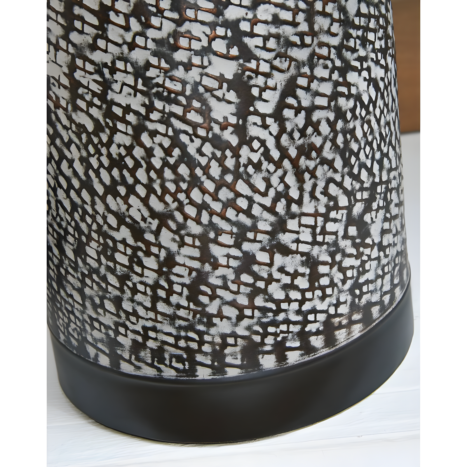 Signature Design by Ashley Lanson Table Lamps: Hammered Metal, Bronze Finish, Beige Shade, Set of 2