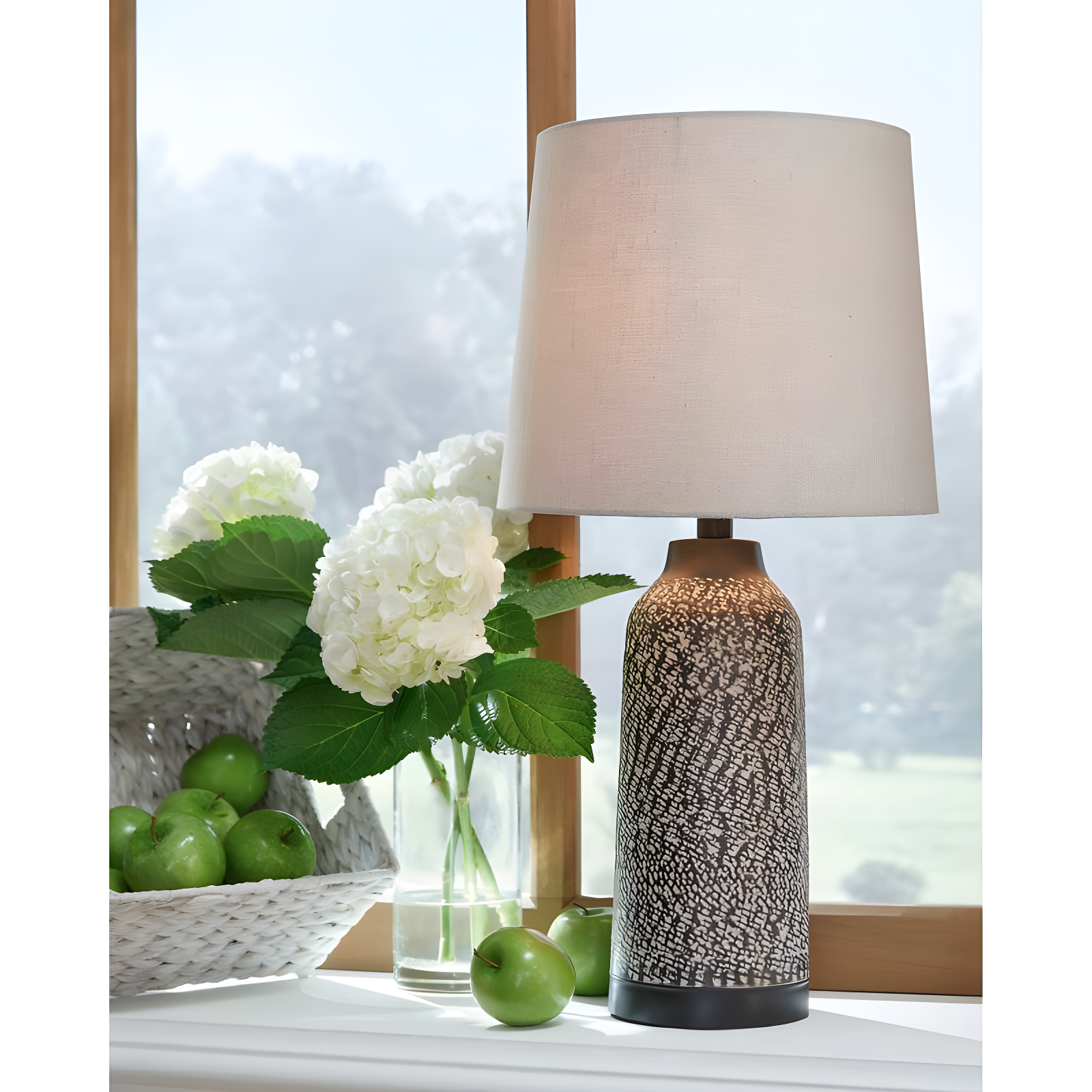 Signature Design by Ashley Lanson Table Lamps: Hammered Metal, Bronze Finish, Beige Shade, Set of 2