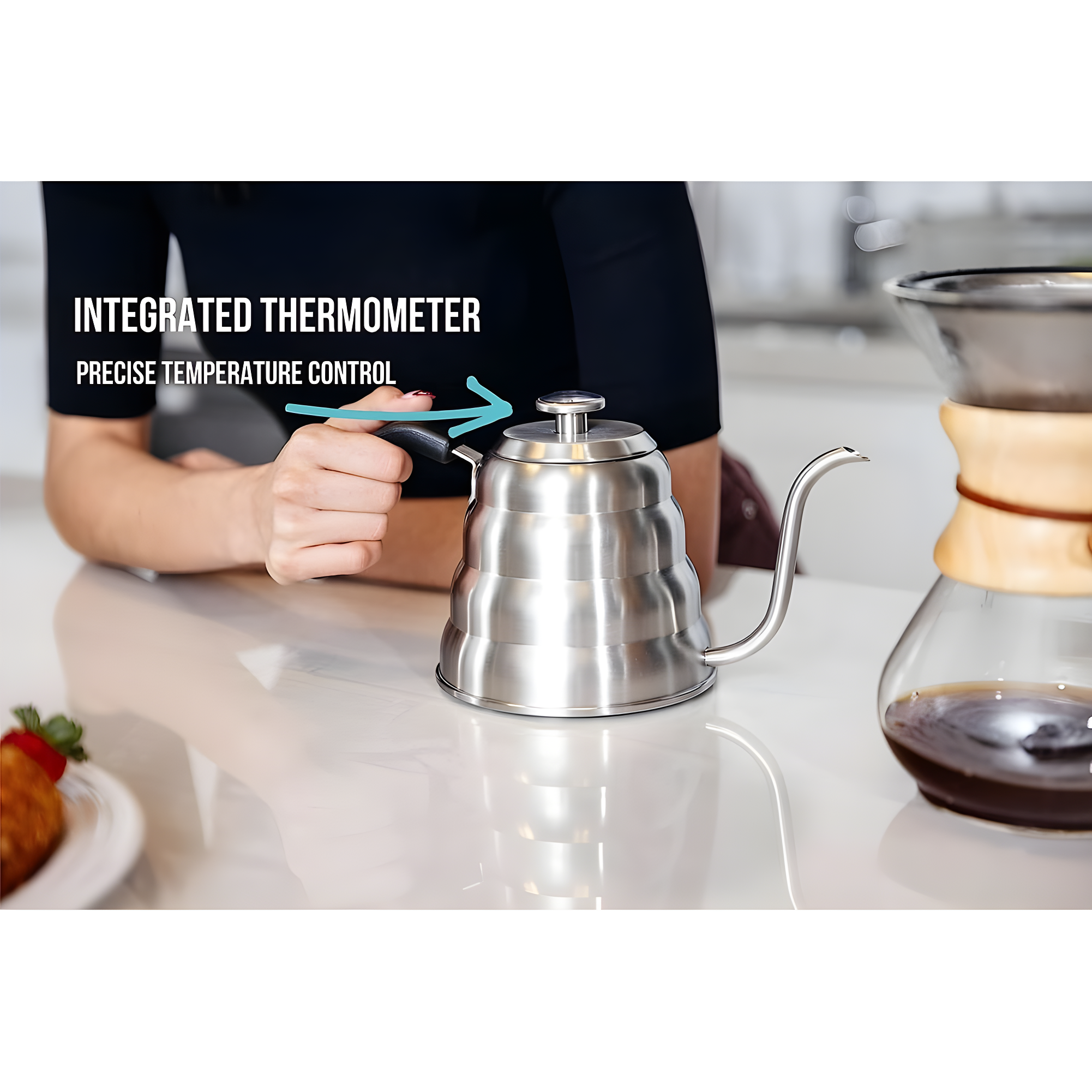 Barista Warrior Gooseneck Kettle with Thermometer for Pour Over Coffee and Tea 1.0L - Silver
