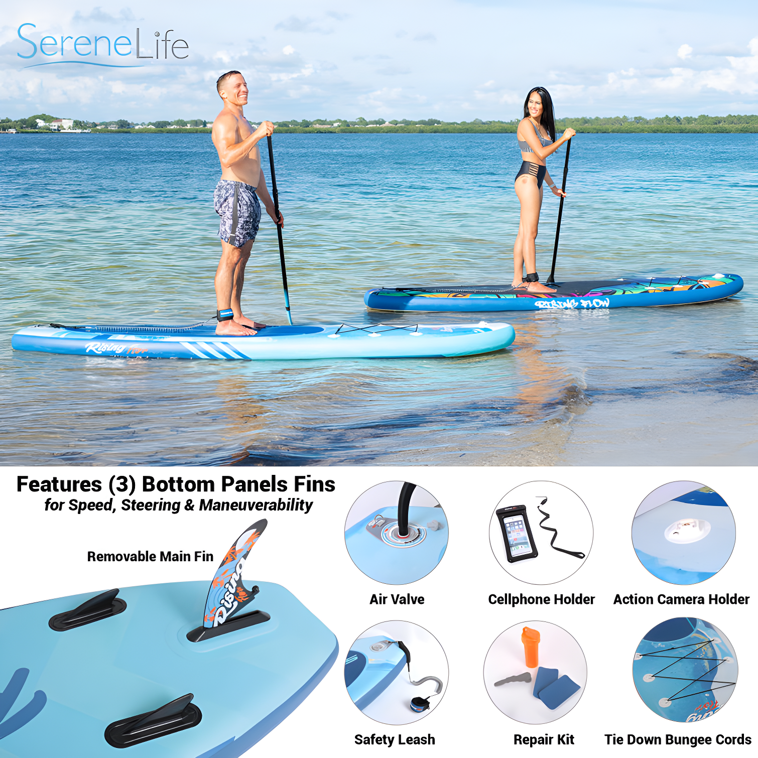 Serenelife Inflatable Stand Up Paddle Board (6 Inches Thick) With Premium SUP Accessories & Carry Bag | Wide Stance, Bottom Fin For Paddling, Surf Control, Non-Slip Deck | Youth & Adult Standing Boat