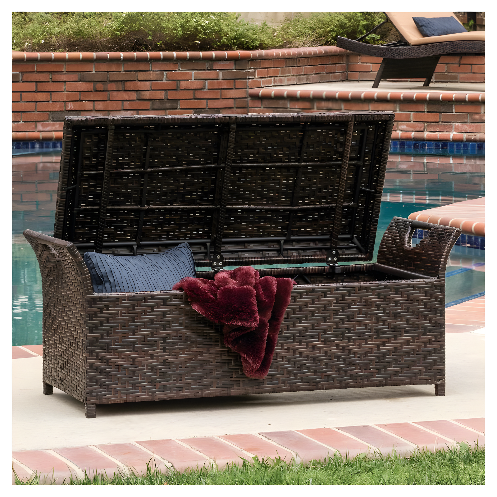 Wing Wicker Patio Storage Bench - Multi Brown - Christopher Knight Home: Iron Frame, Water & UV Resistant, Seats 2