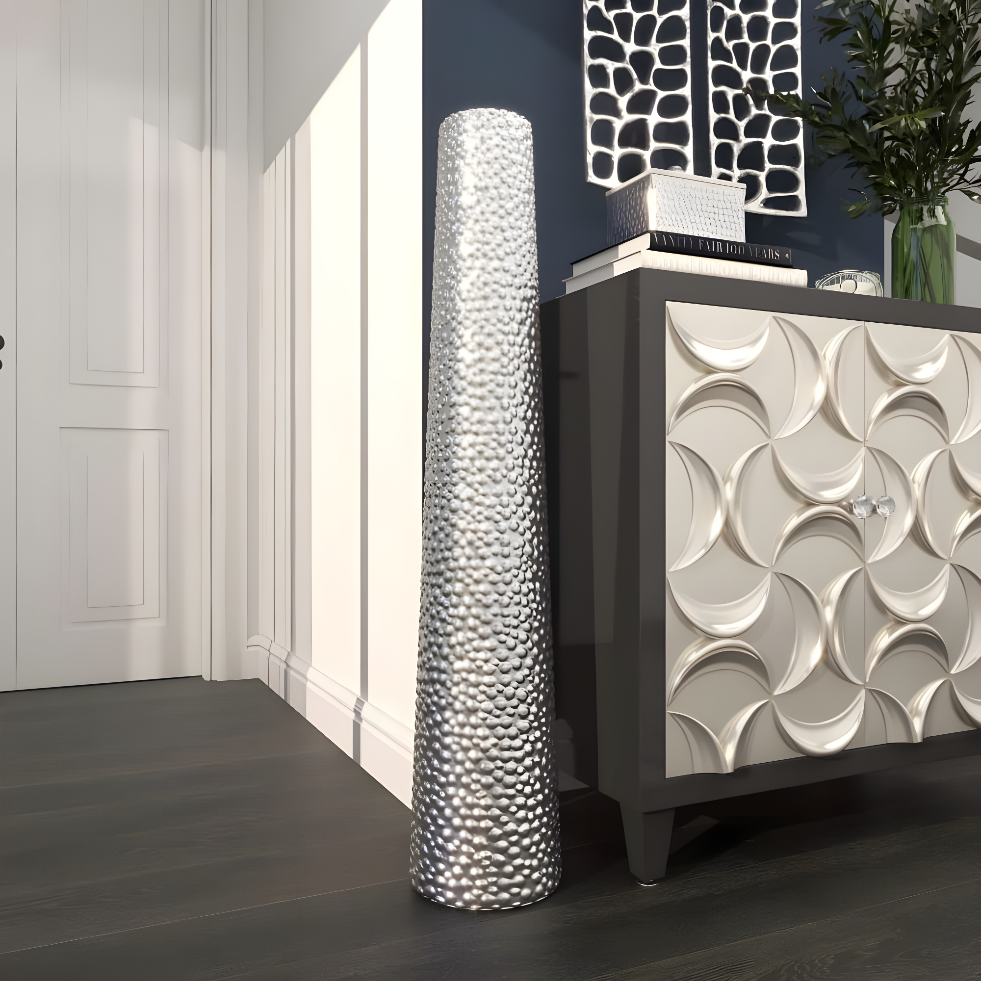 DecMode Glam Silver Round Large and Tall Cylindrical Floor Vase, Ceramic with Beaded Textured Pattern, 8'W x 50'H