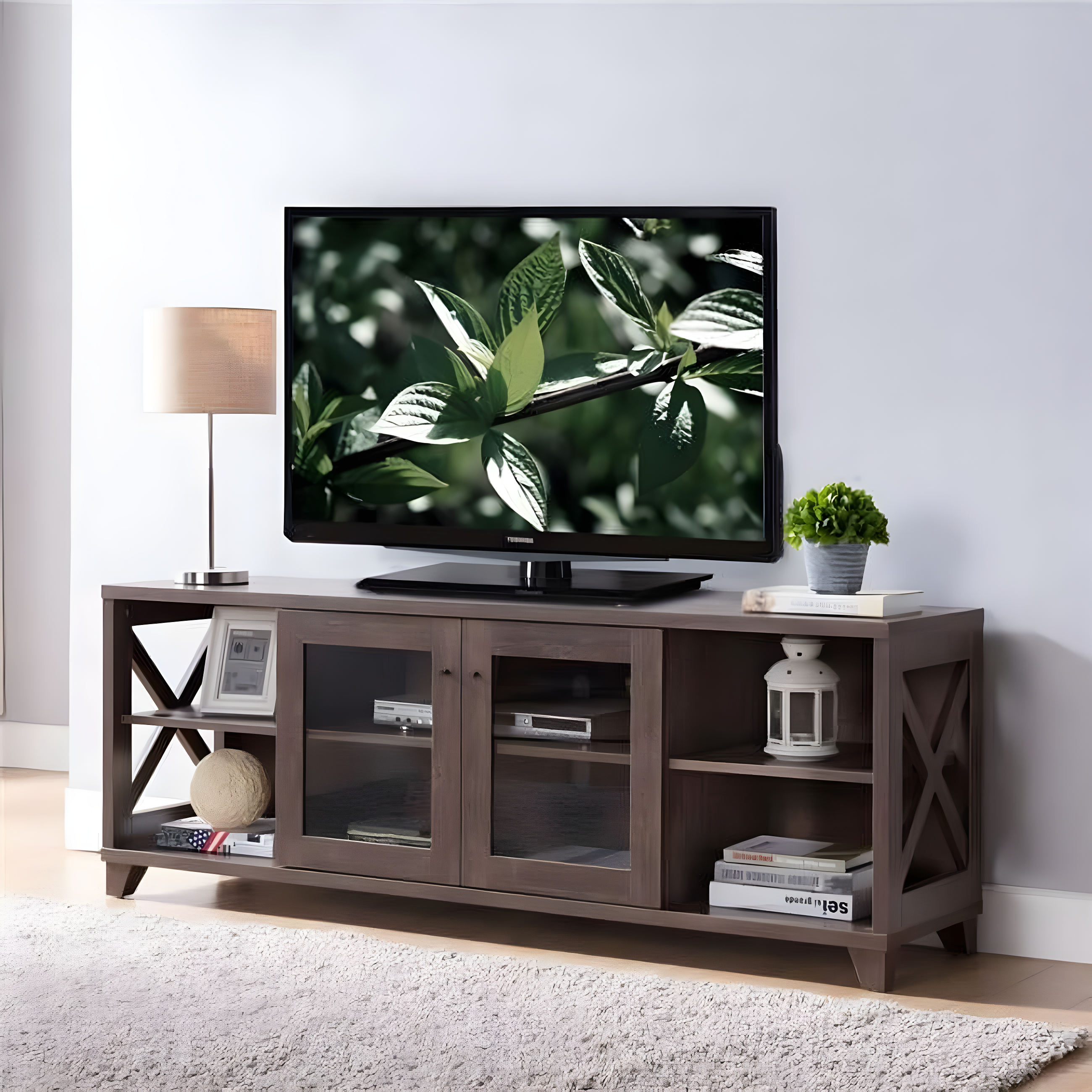 Modern Rustic Walnut Oak TV Console Cabinet