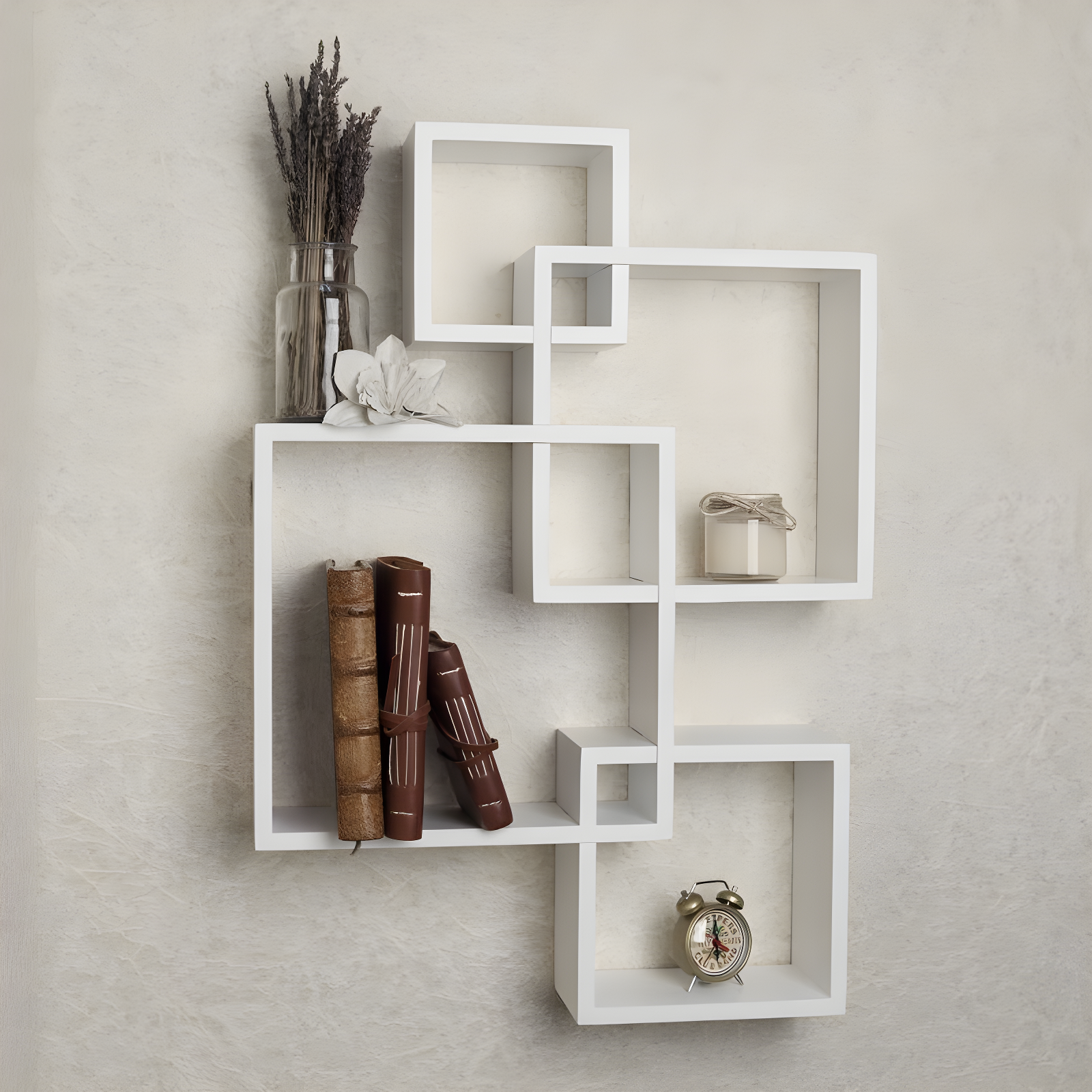 Danya B. 25.5" x 17.75" Intersecting Cube Wall Shelf White: Laminated MDF, No Assembly, 4-Tier Storage