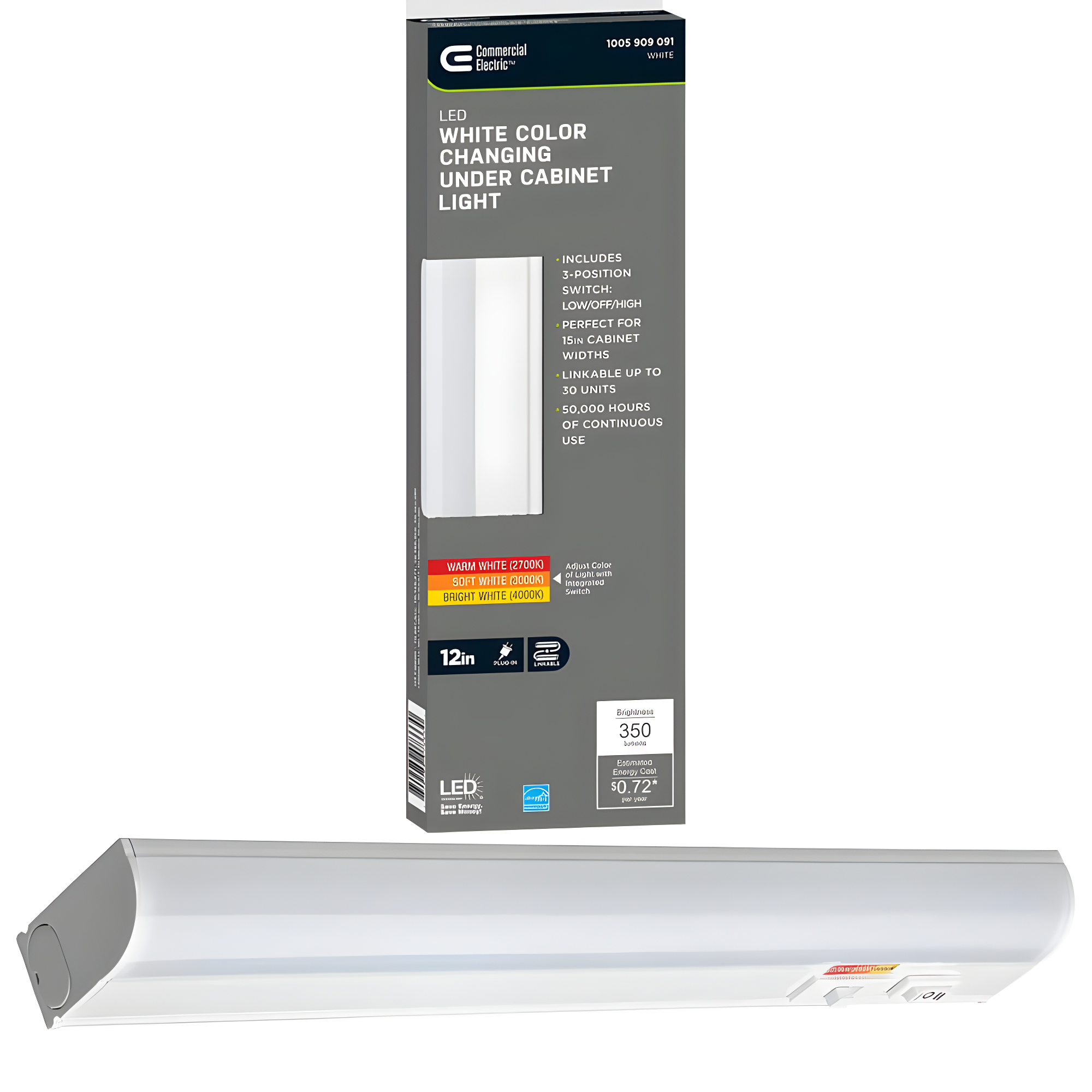 Commercial Electric Plug-In 12 inch Linkable LED Undercabinet Light Task Under Counter Kitchen Lighting 3 Color Temperature Options