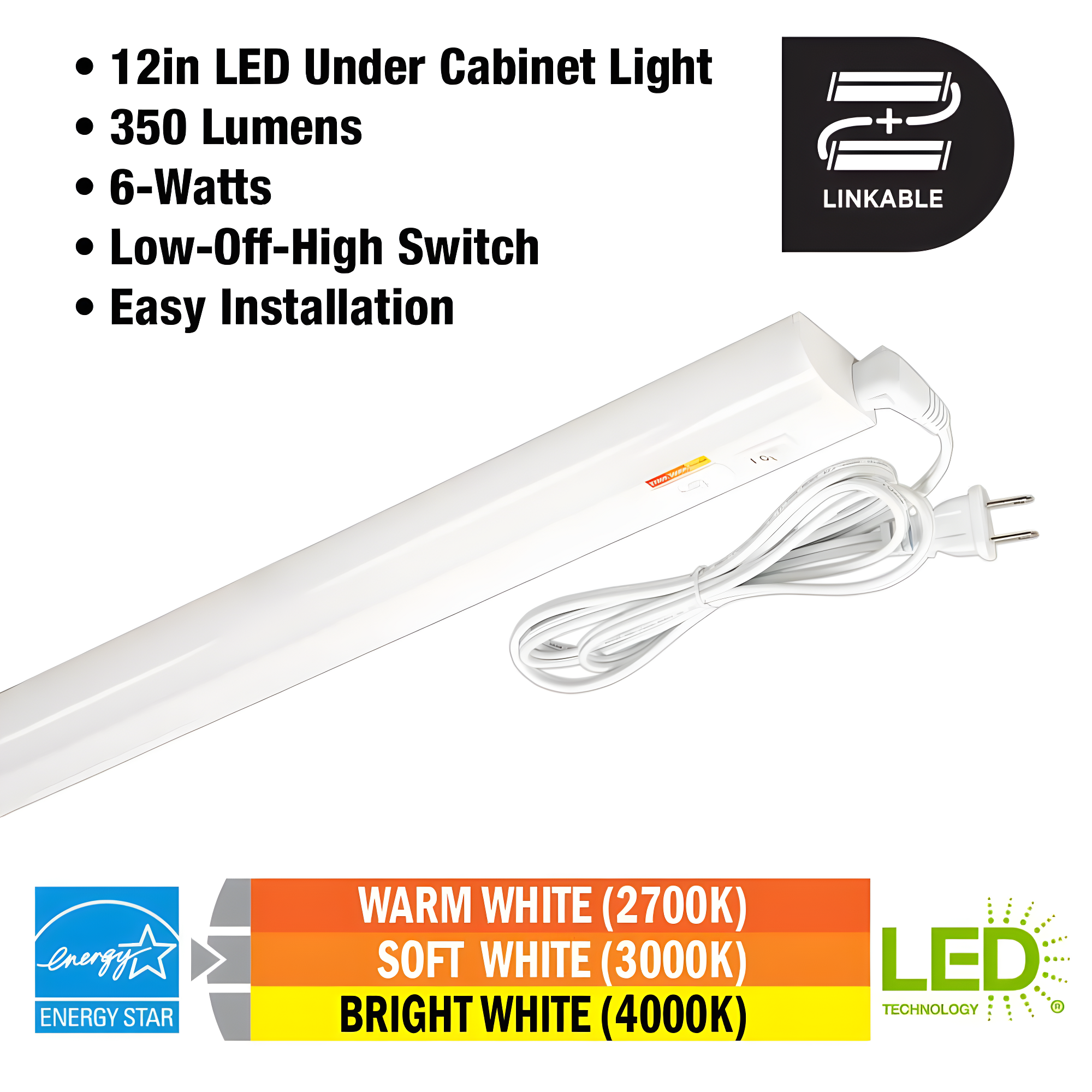 Commercial Electric Plug-In 12 inch Linkable LED Undercabinet Light Task Under Counter Kitchen Lighting 3 Color Temperature Options