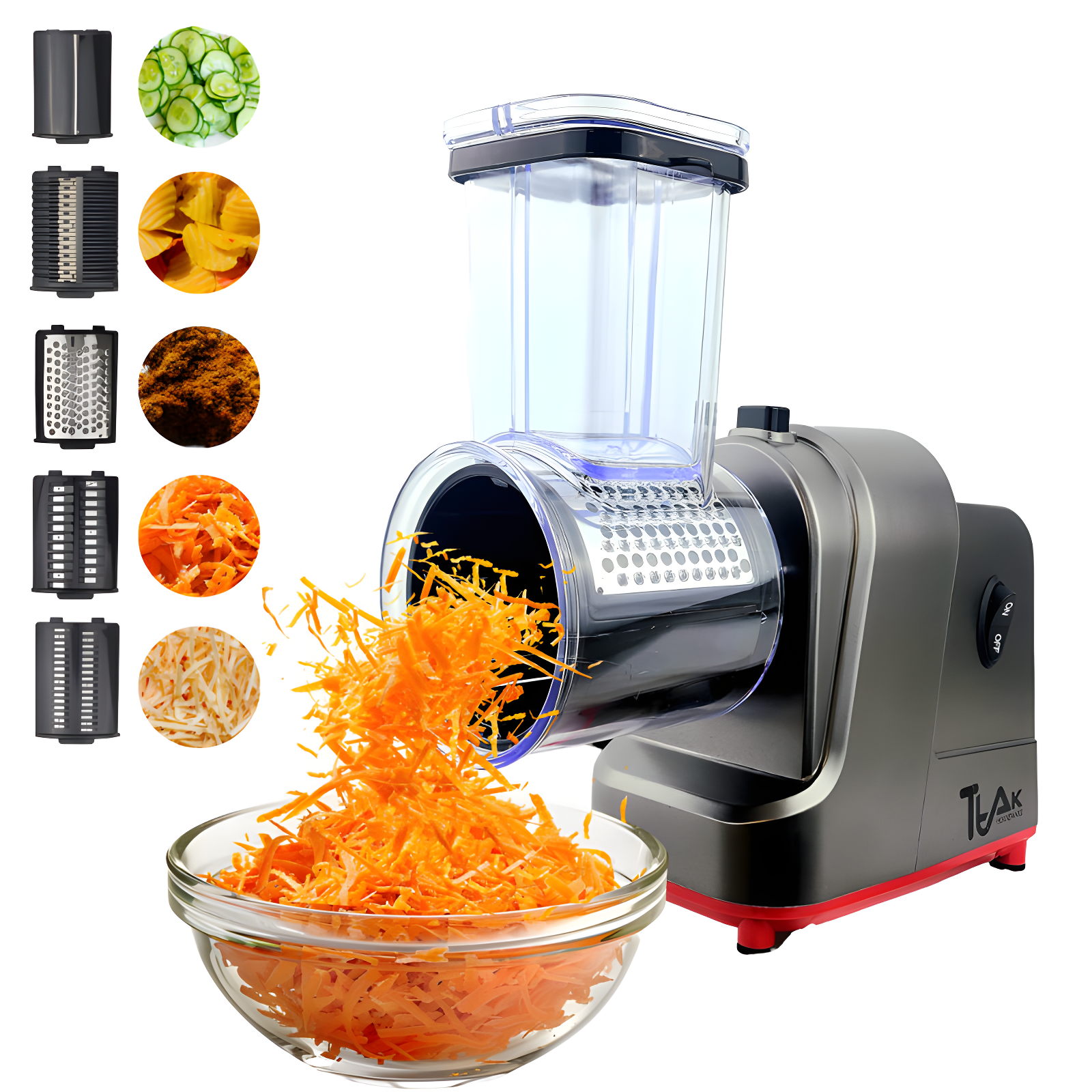 Ttak HOUSEWARE Electric Cheese Grater, 250W Professional Electric Slicer Shredder, One-Touch Control Electric Salad Machine Fruits, Vegetables, Cheeses, Salad Maker 5 Attachments Food Processor