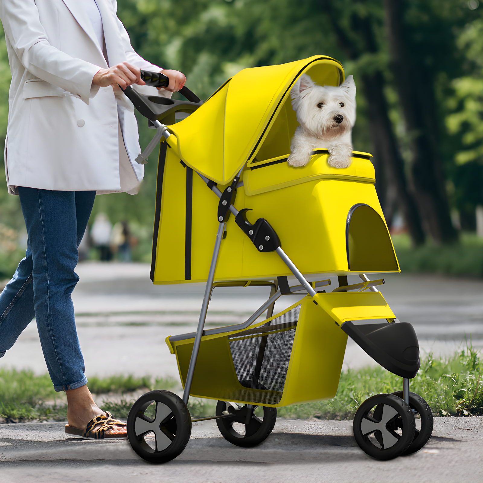 3 Wheel Folding Pet Stroller, Foldable Dog Jogger Stroller with Storage Basket, Cup Holder & Canopy