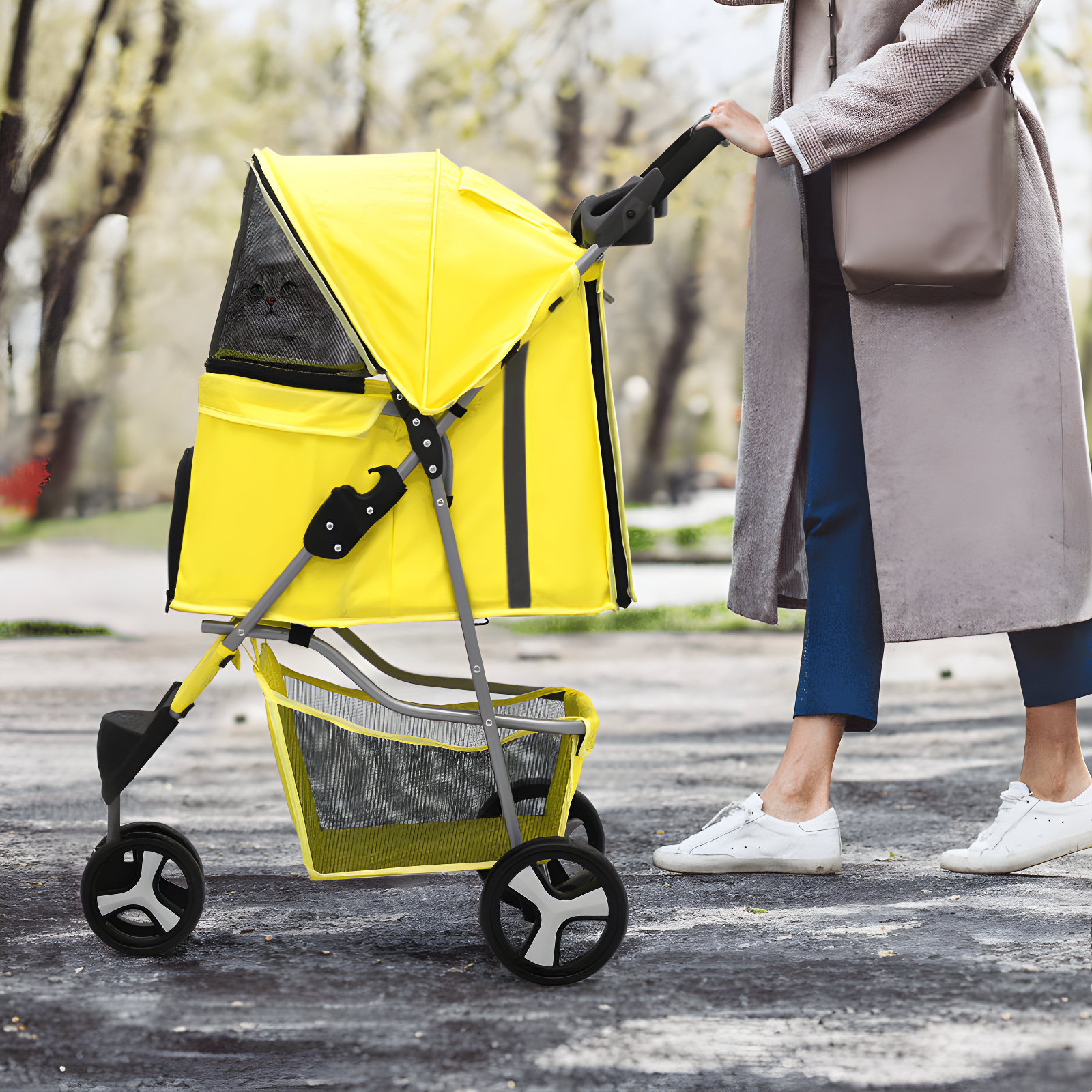 3 Wheel Folding Pet Stroller, Foldable Dog Jogger Stroller with Storage Basket, Cup Holder & Canopy