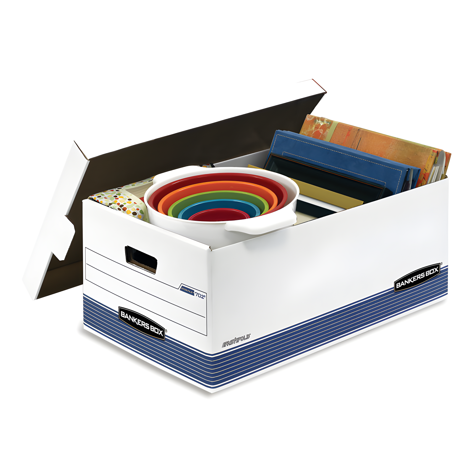 Bankers Box® FastFold Stor/File Lid Box, Legal, 15 x 24 x 10, White/Blue, 4/Ctn