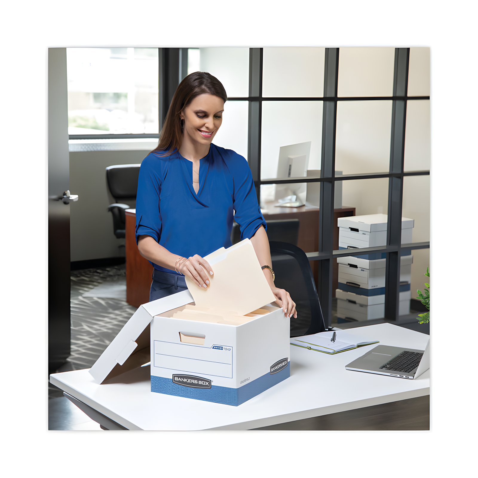 Bankers Box® FastFold Stor/File Lid Box, Legal, 15 x 24 x 10, White/Blue, 4/Ctn