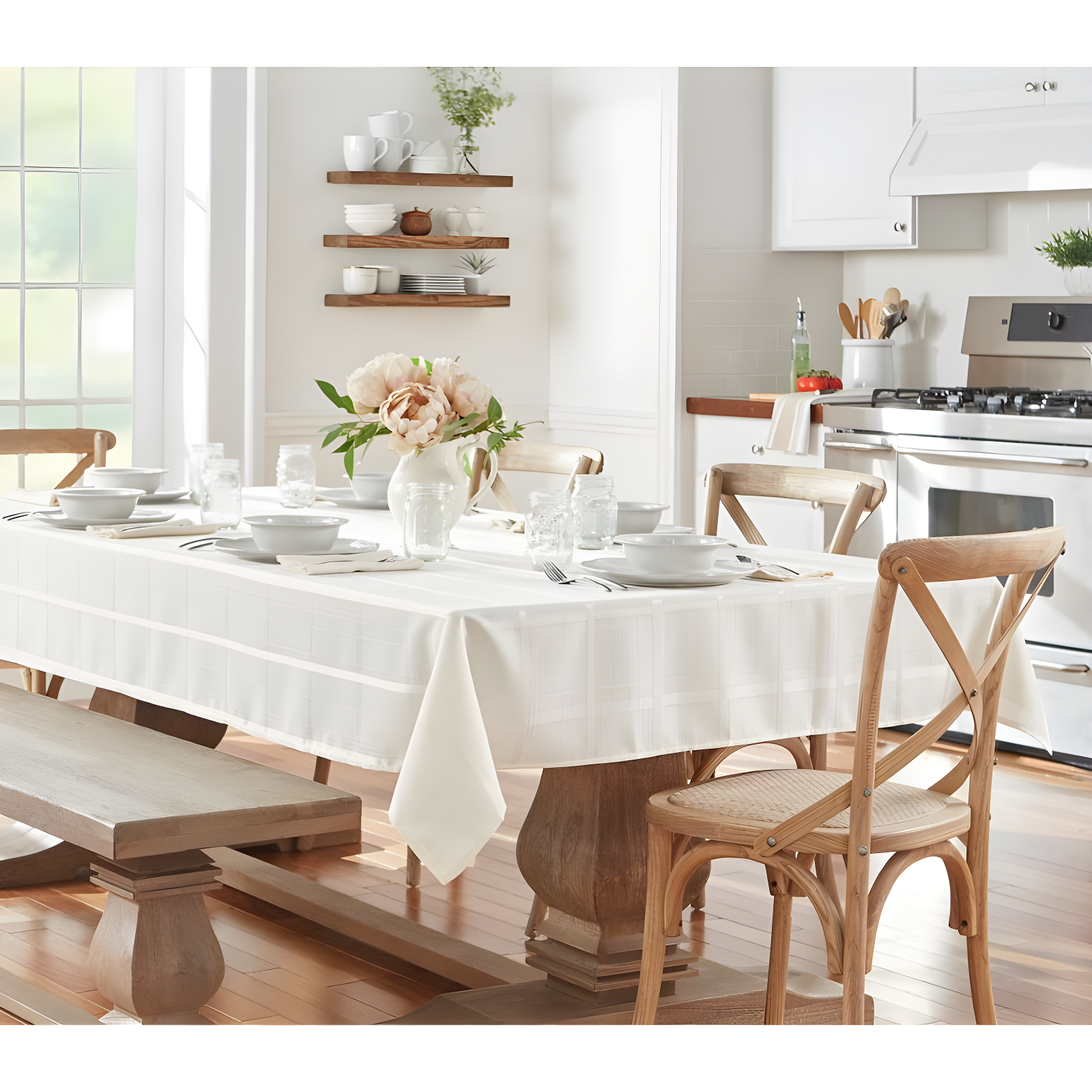Elegance Plaid Stain & Water Resistant Tablecloth - 60" x 84" Rectangle - Beige - Elrene Home Fashions