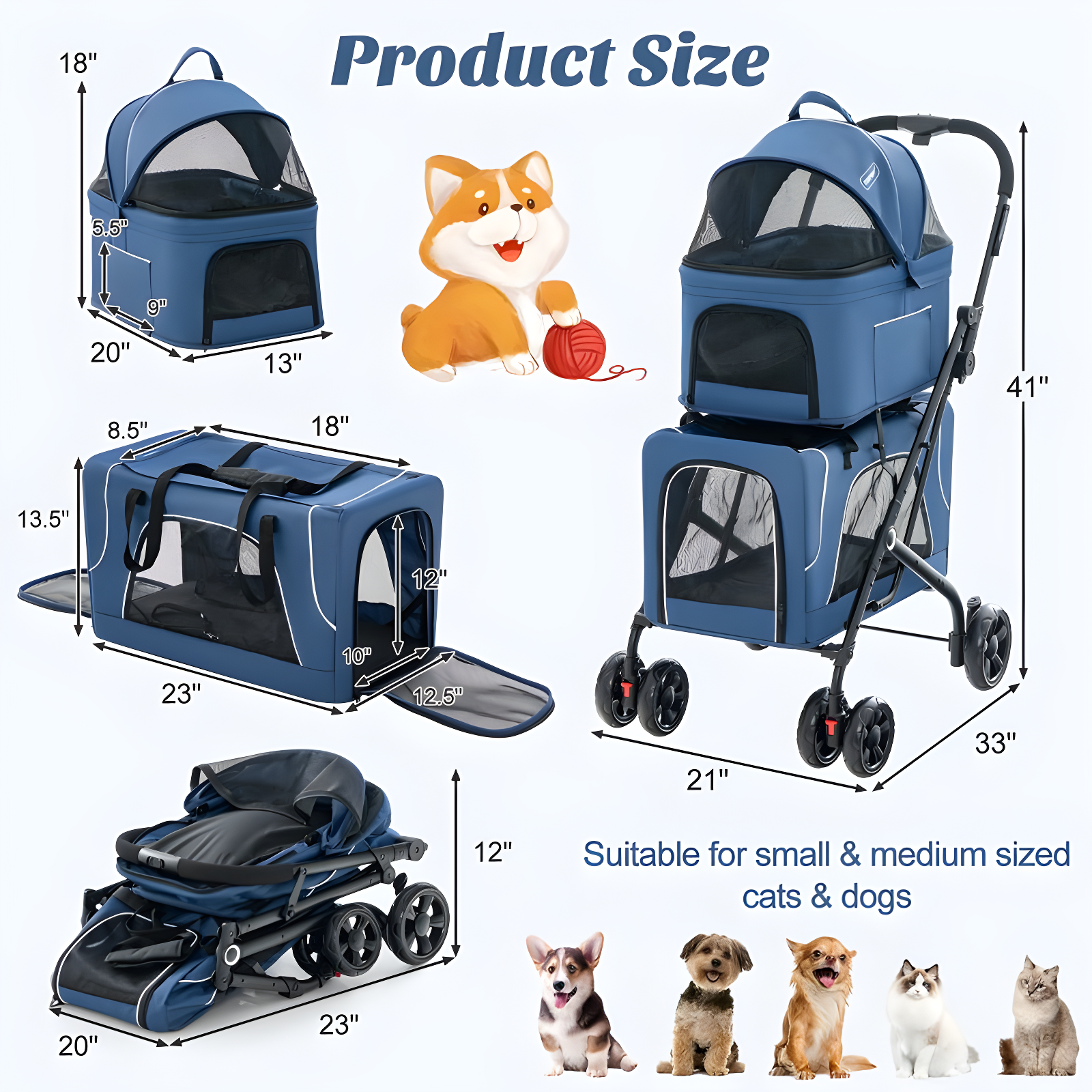 Costway Double Pet Stroller for 2 Dogs or Cats w/ 2 Detachable Carriers Safety Belt Blue
