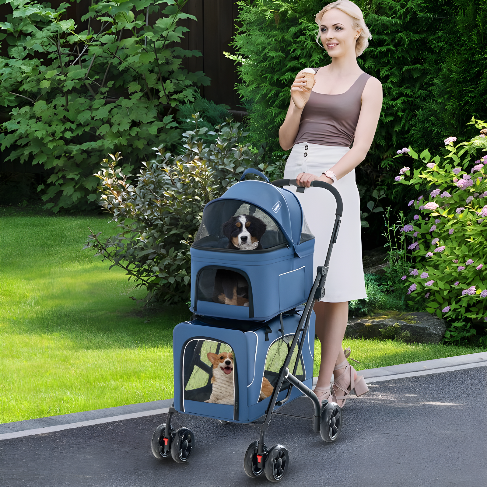 Costway Double Pet Stroller for 2 Dogs or Cats w/ 2 Detachable Carriers Safety Belt Blue