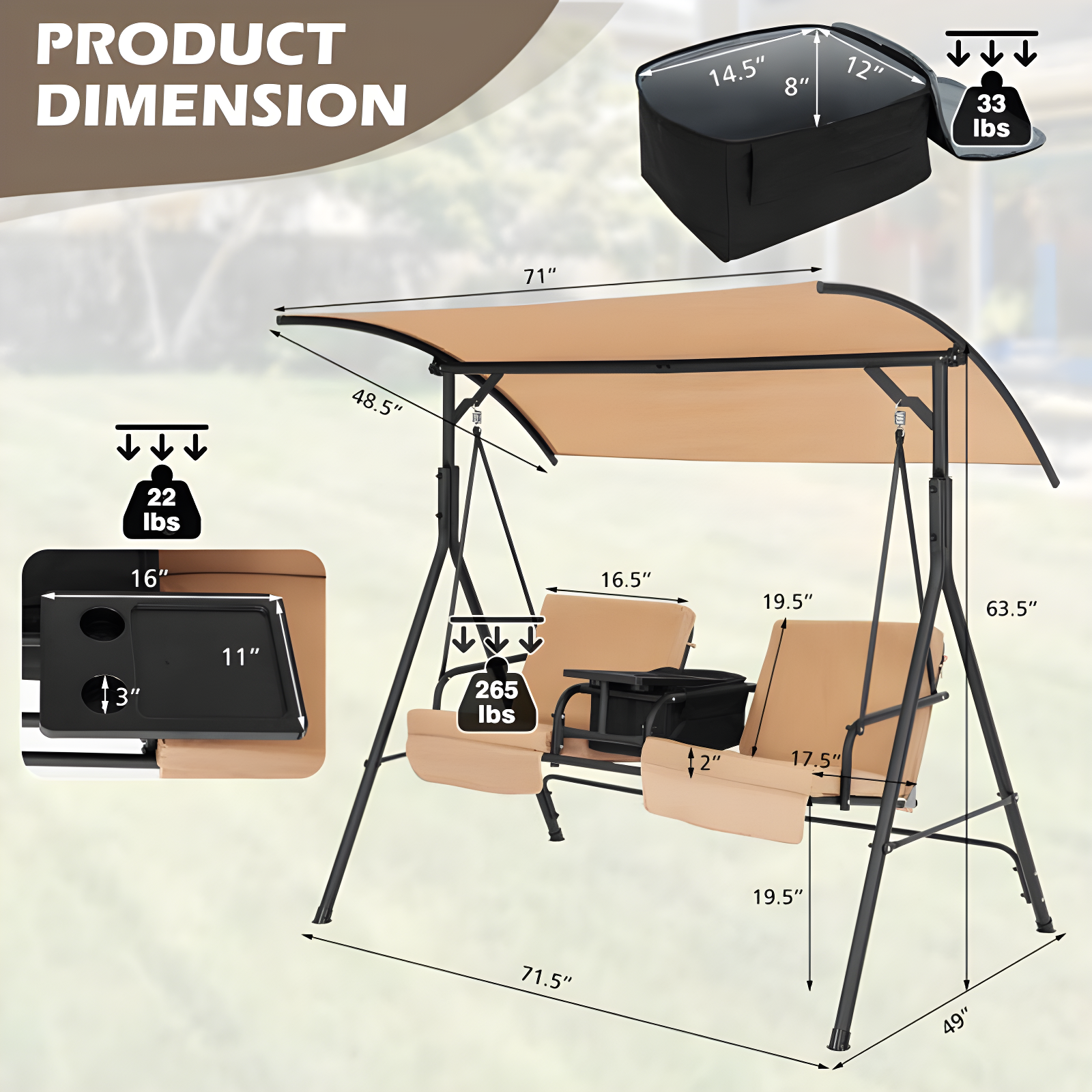Porch Swing Chair With Adjustable Canopy