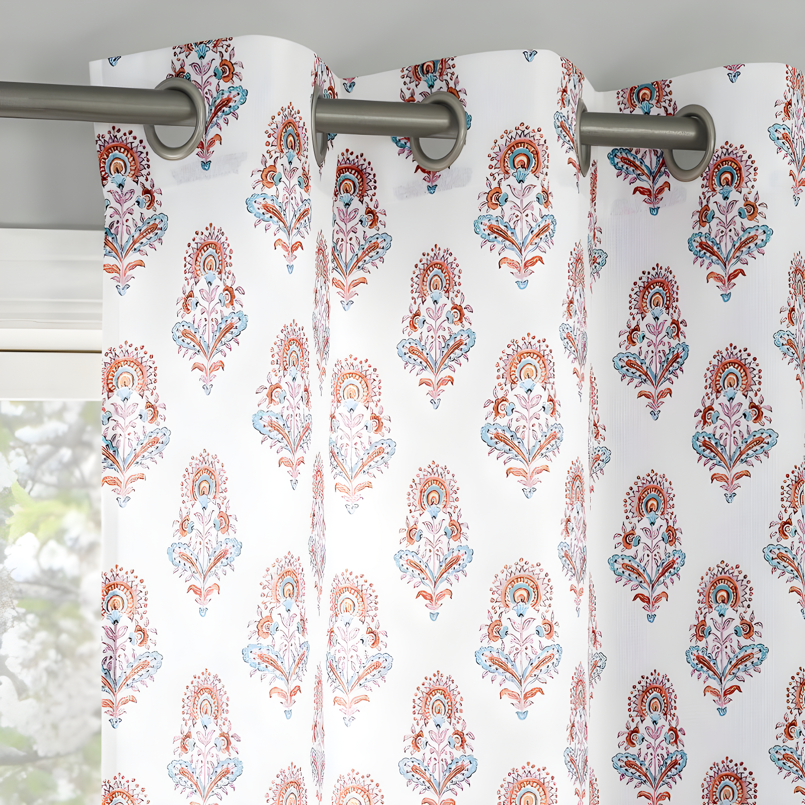 40"x84" No. 918 Light Filtering Semi-Sheer Avie Global Medallion Grommet Curtain Panel Apricot Orange: Modern Decor