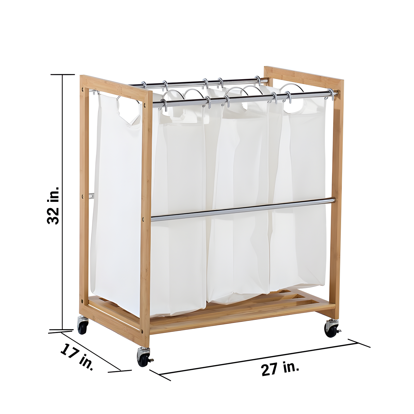 TRINITY EcoStorage 3-Bag Rolling Bamboo Laundry Cart w/ Poles