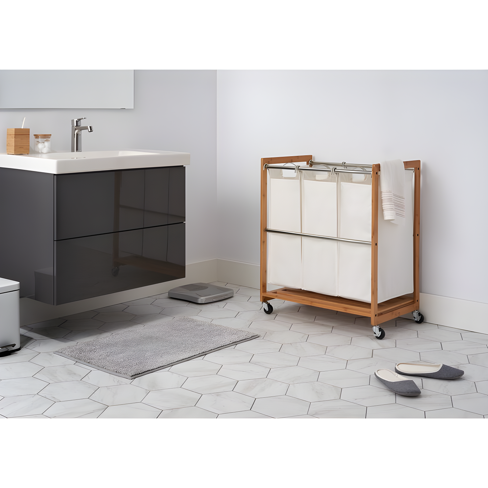 TRINITY EcoStorage 3-Bag Rolling Bamboo Laundry Cart w/ Poles