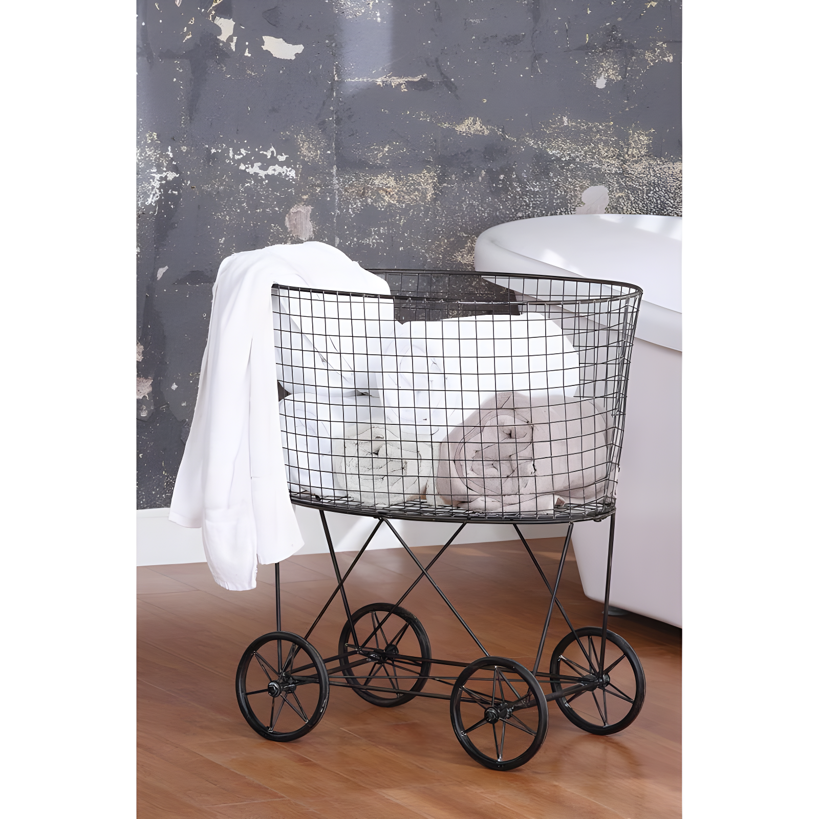 Metal Vintage Laundry Basket with Wheels - Storied Home: Garment Storage, Multipurpose Basket
