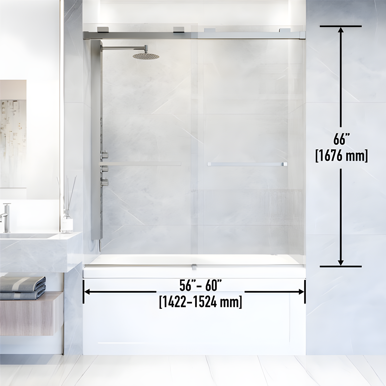 Houston 56-60" W x 66" H Double Sliding Frameless Tub Door with 3/8" Clear Glass
