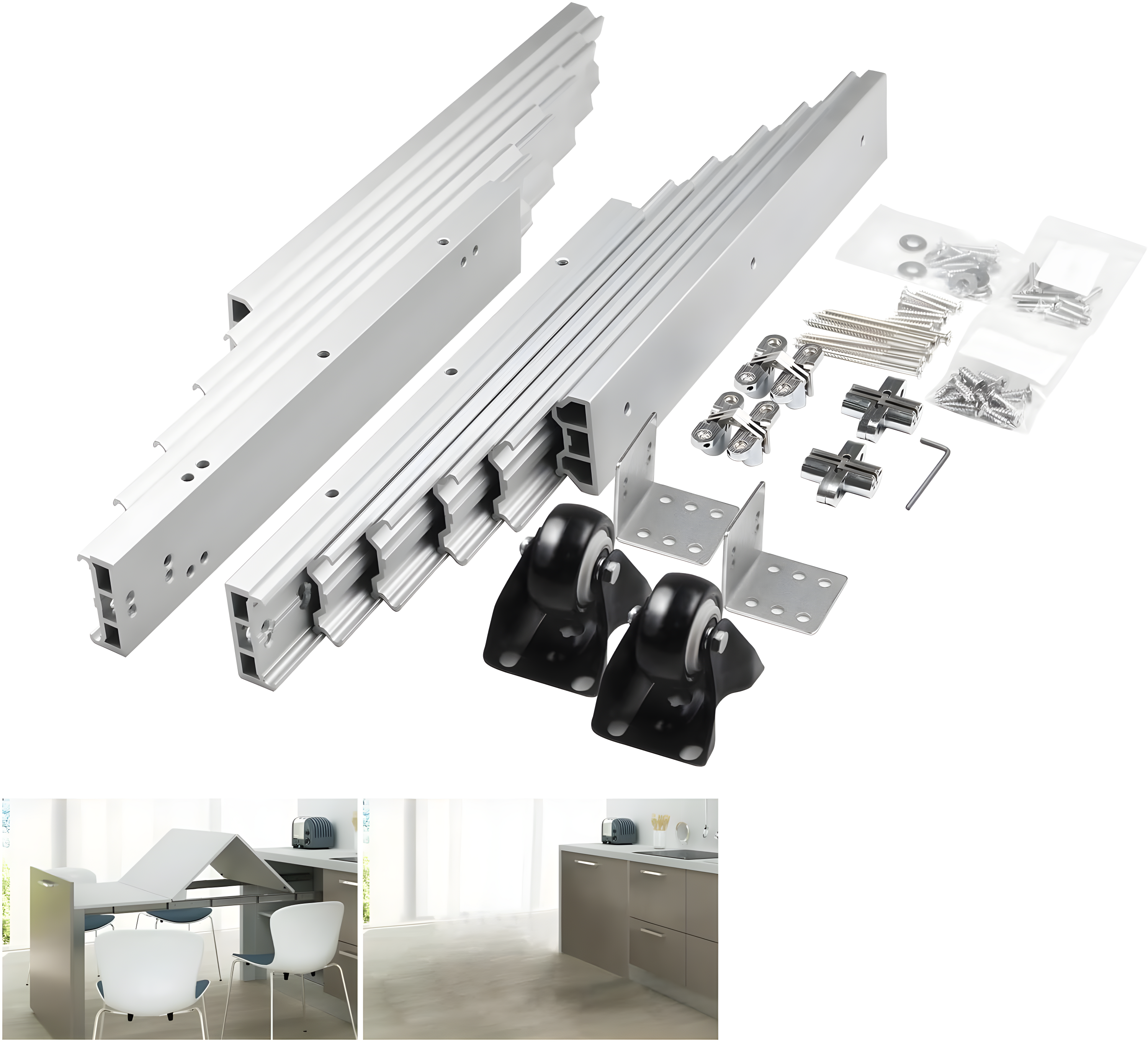 Aluminum Telescopic Cabinet Table Guide Rail Hinge Home Hardware Accessories for Concealed Desk Kitchen Countertop, 1450mm