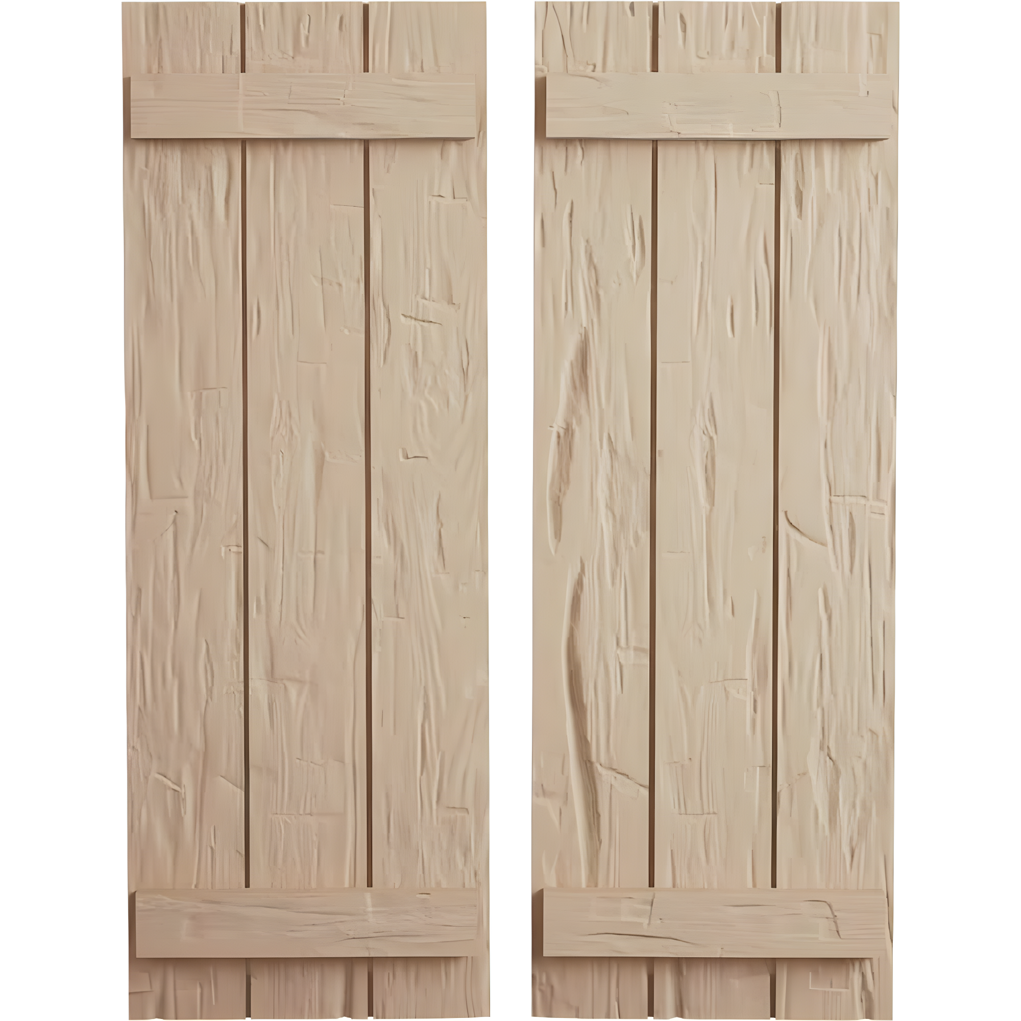 Ekena Millwork 16 1/2"W x 38"H Rustic Three Board Joined Board-n-Batten Hand Hewn Faux Wood Shutters (Per Pair), Primed Tan
