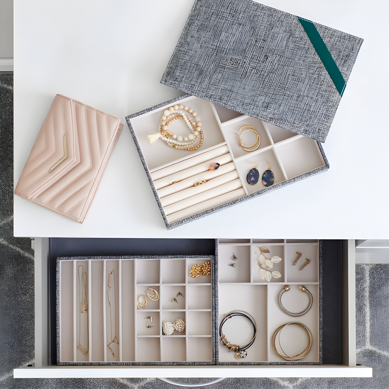 Household Essentials 3pc Stacking Jewelry Trays Graphite Linen: Stackable Jewelry Organizer & Storage, Gray, Adult Use