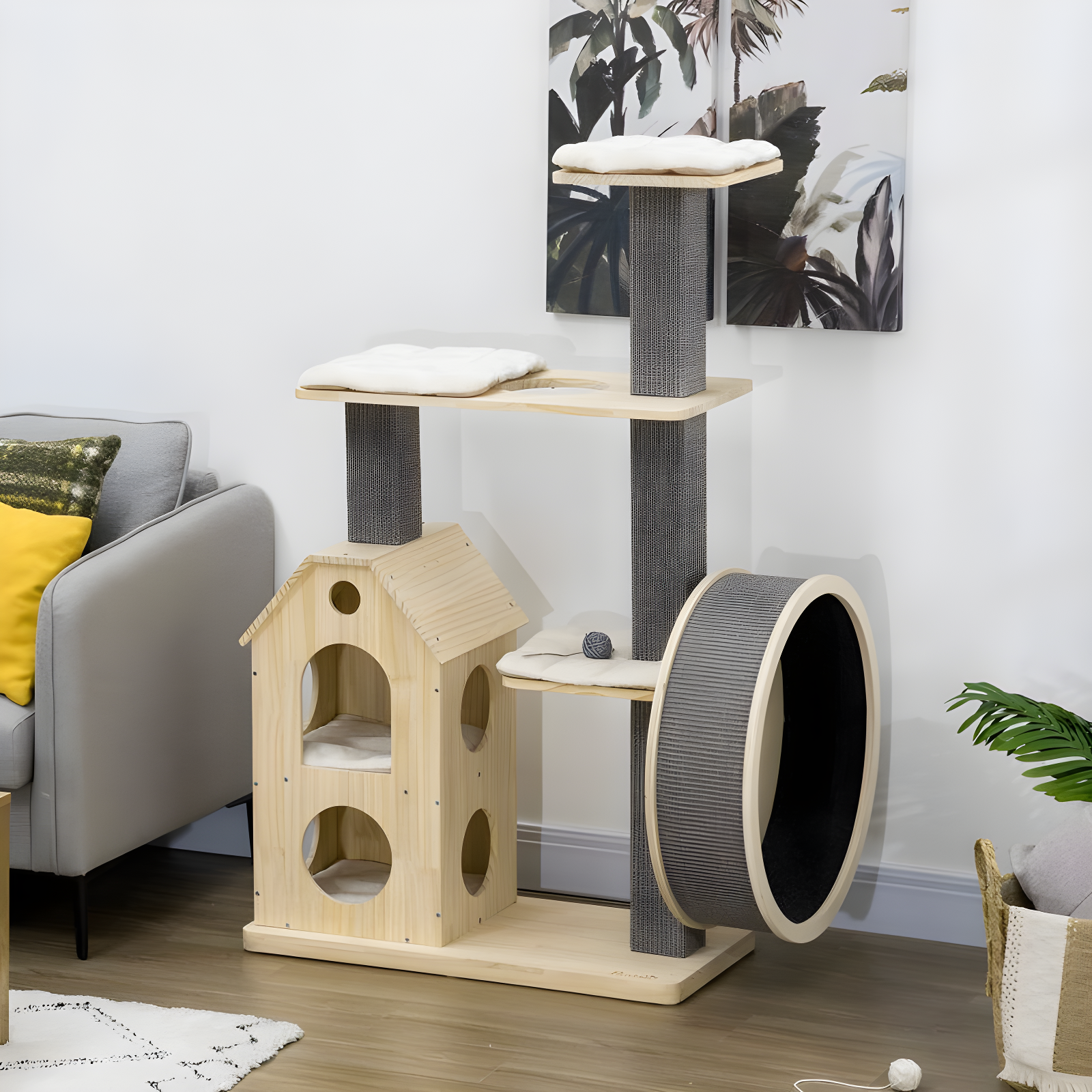 PawHut 53" Modern Cat Tree with Scratching Posts, Small Cat Tree with Double-Layer House, Small Cat Tower for Indoor Cat Furniture, Wooden Cat Tree