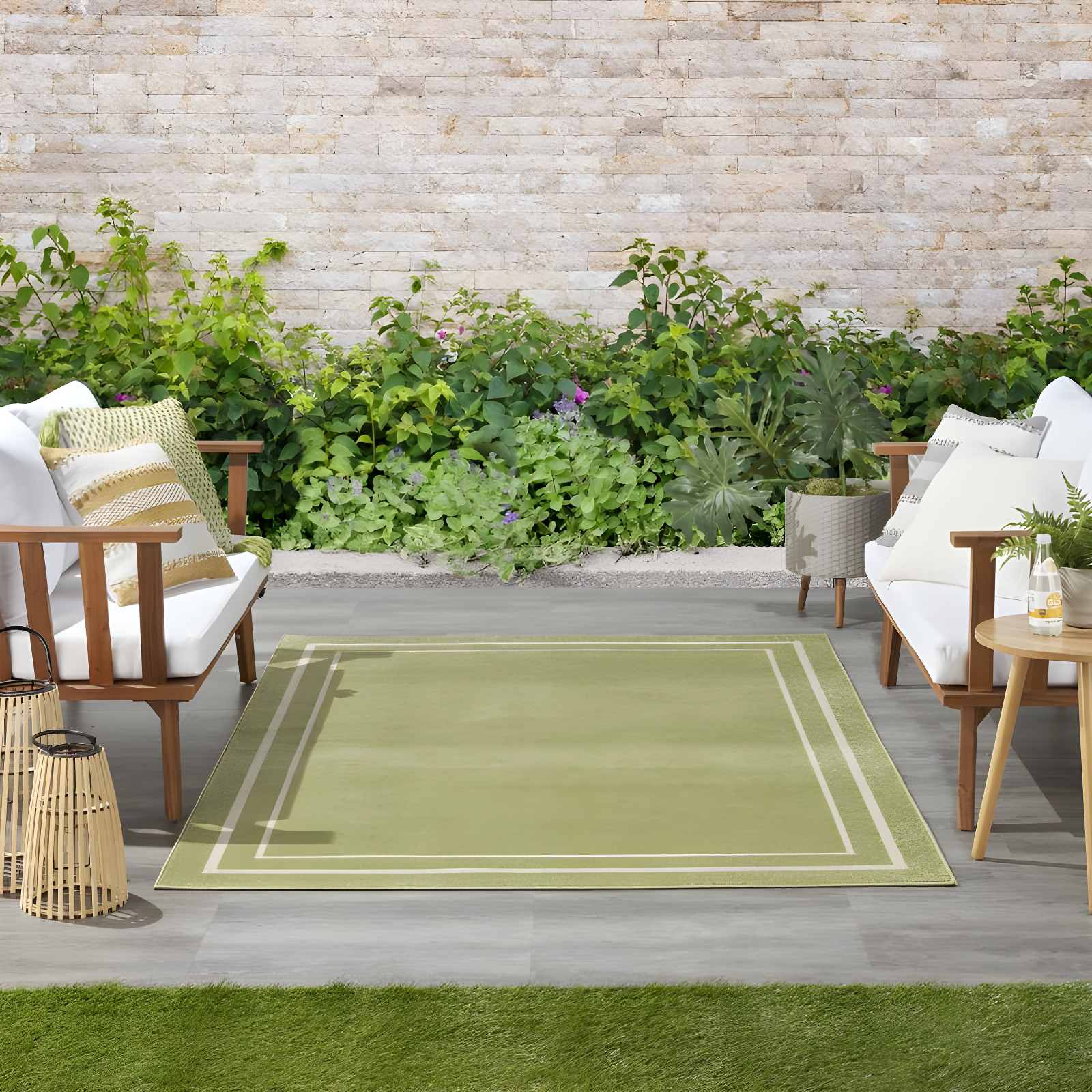 Nourison Essentials Solid Bordered Low Pile Indoor Outdoor Area Rug 4' x 6' Green Ivory