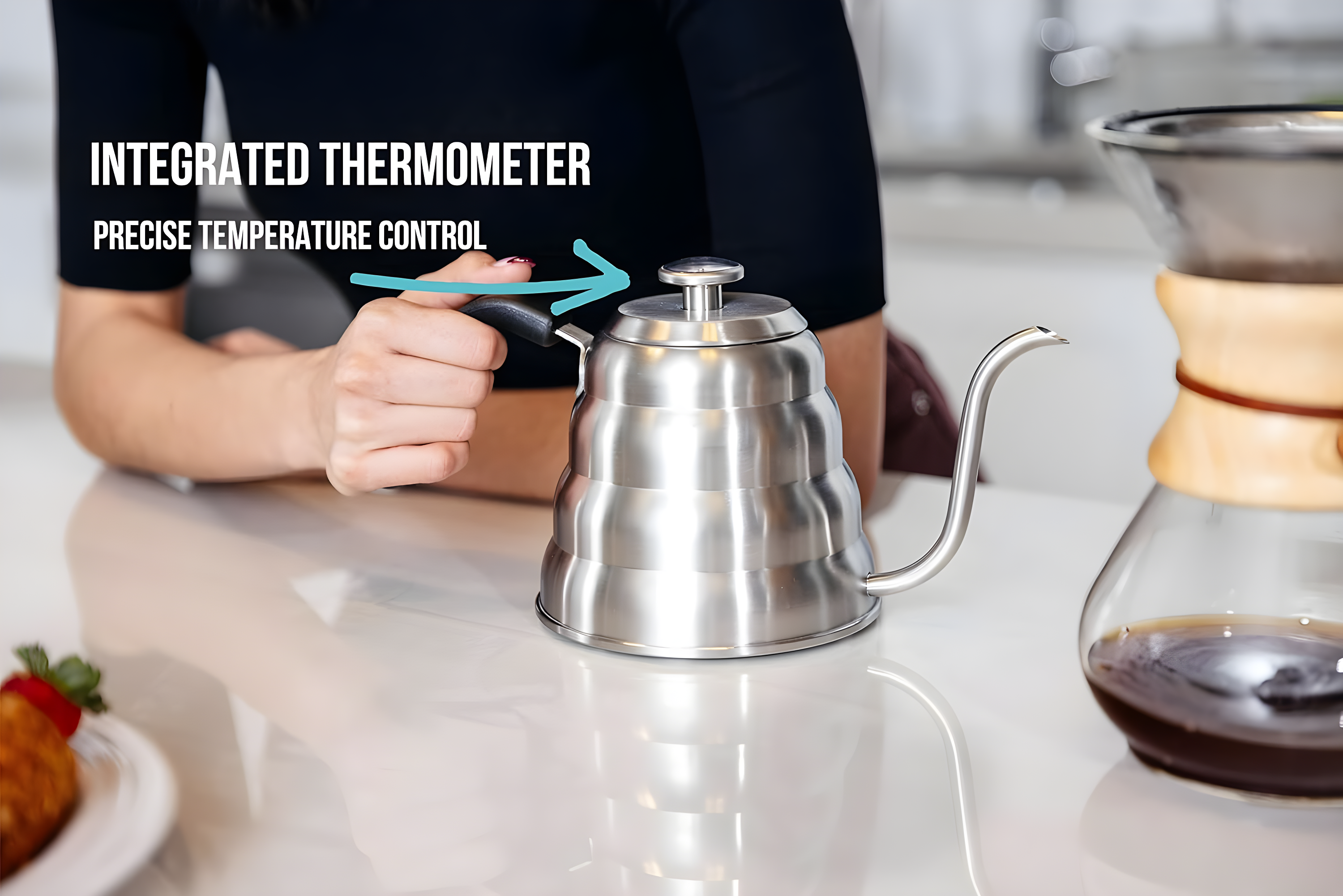 Barista Warrior Gooseneck Kettle with Thermometer for Pour Over Coffee and Tea 1.0L - Silver
