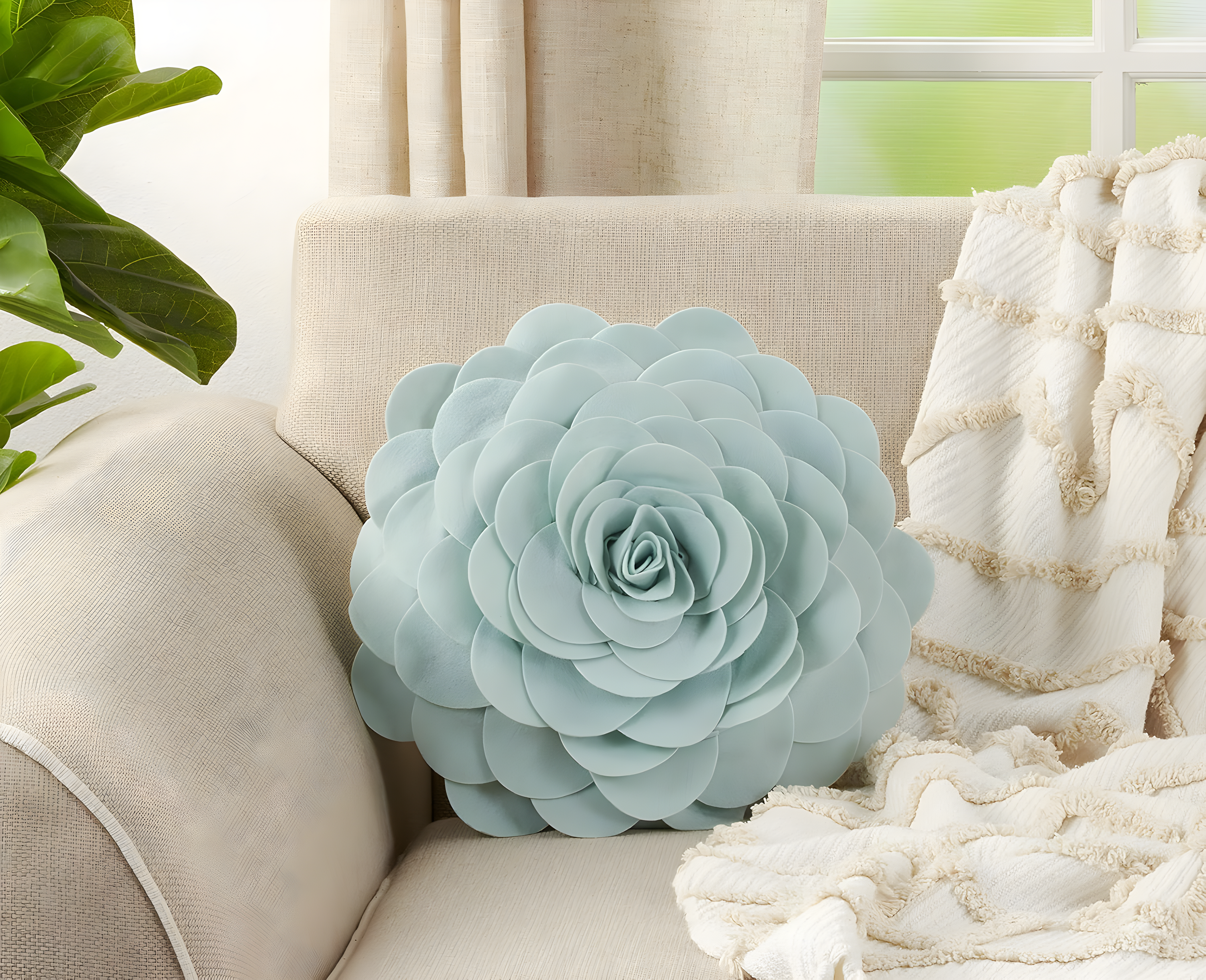 Aqua Flower Design Round Polyester Throw Pillow, 16"