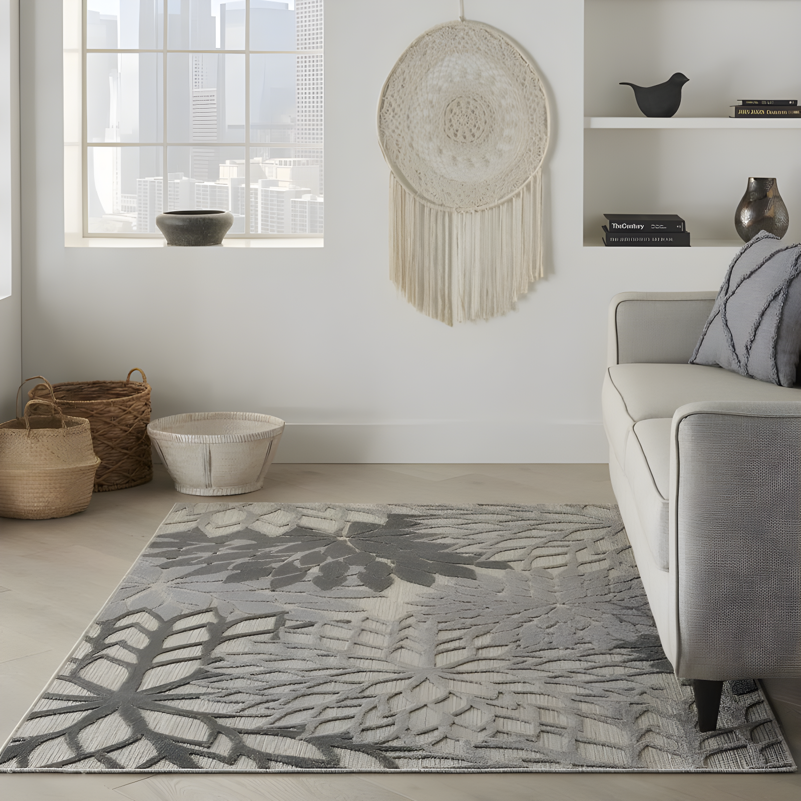 Nourison Aloha Floral Bloom Flatweave High-Low Indoor Outdoor Area Rug Silver Grey 3'6" x 5'6"
