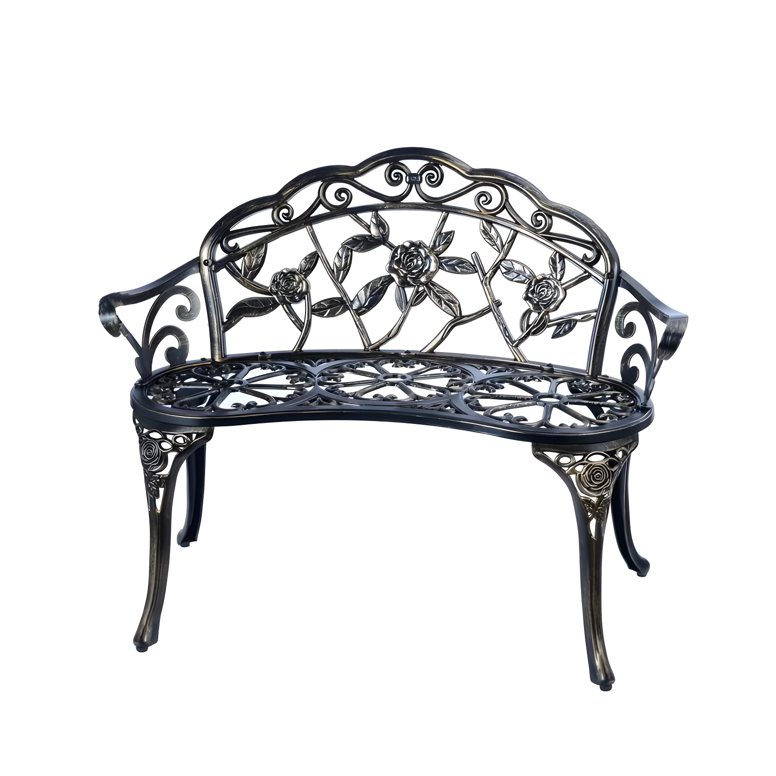 Patio Garden Bench Metal Park Bench Cast Aluminum Outdoor Furniture With Floral Rose,Copper